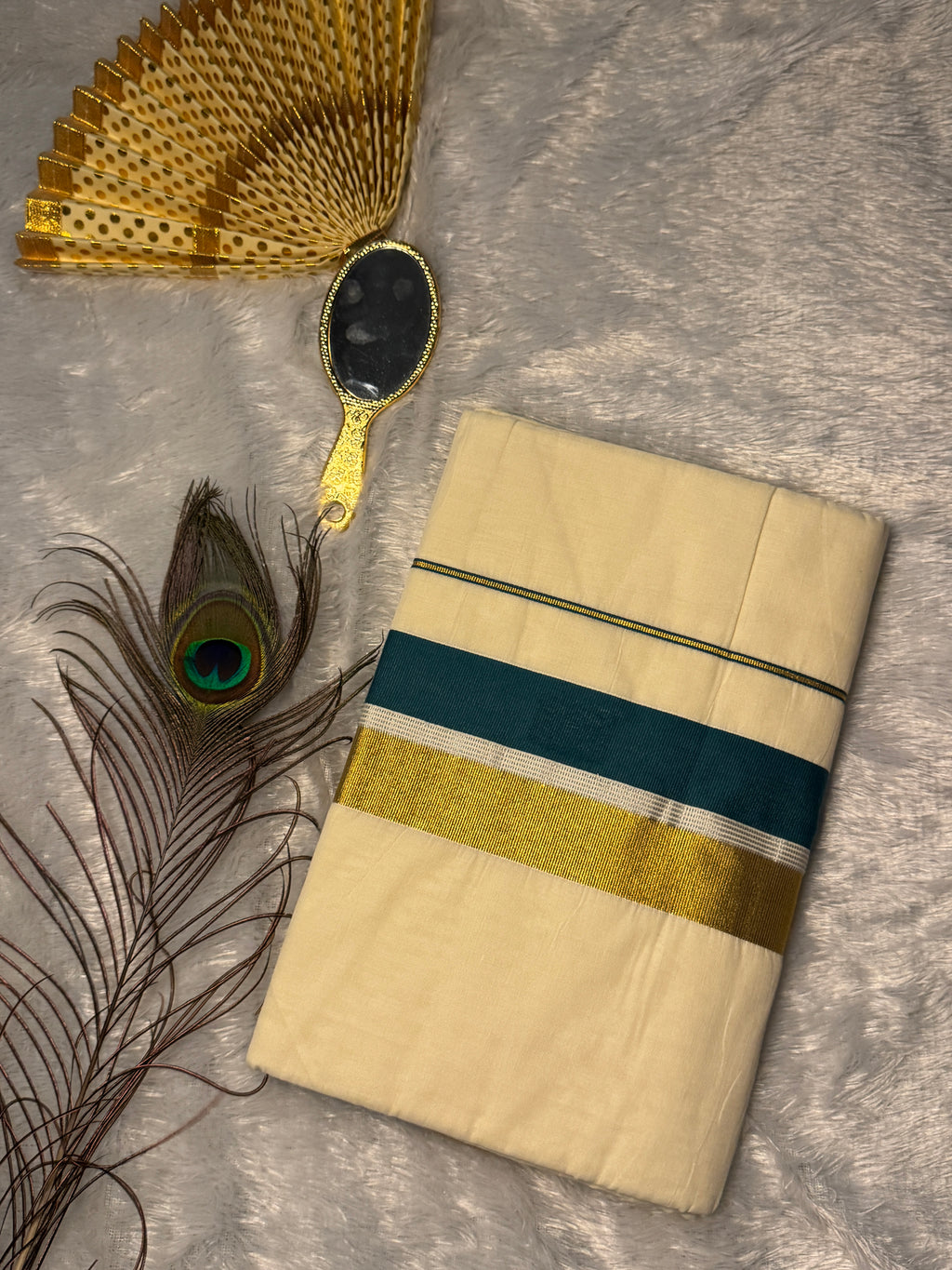 Premium Cotton Kerala Kasavu Saree with Mixed Zari & Color-Block Border