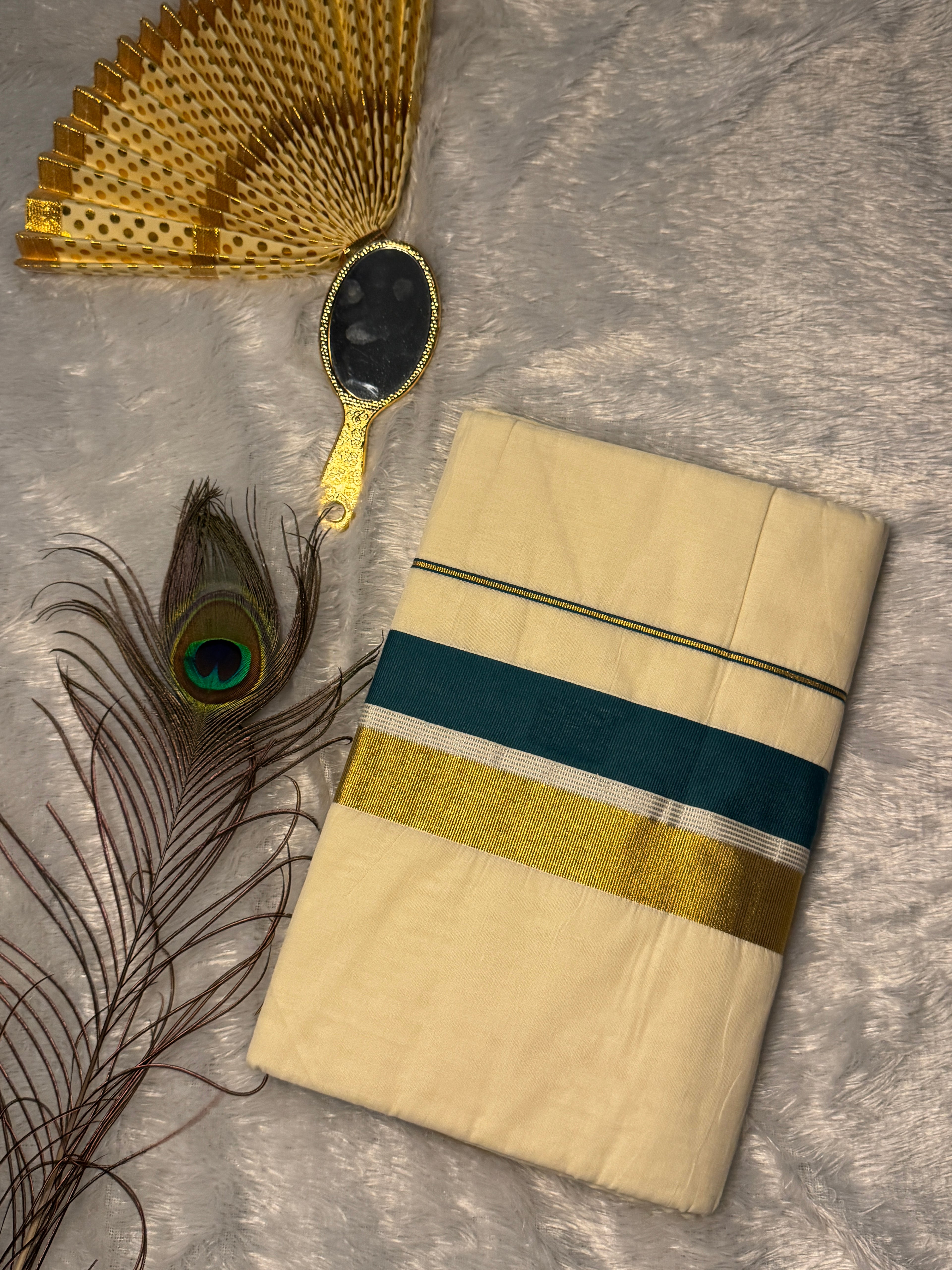 Premium Cotton Kerala Kasavu Saree with Mixed Zari & Color-Block Border