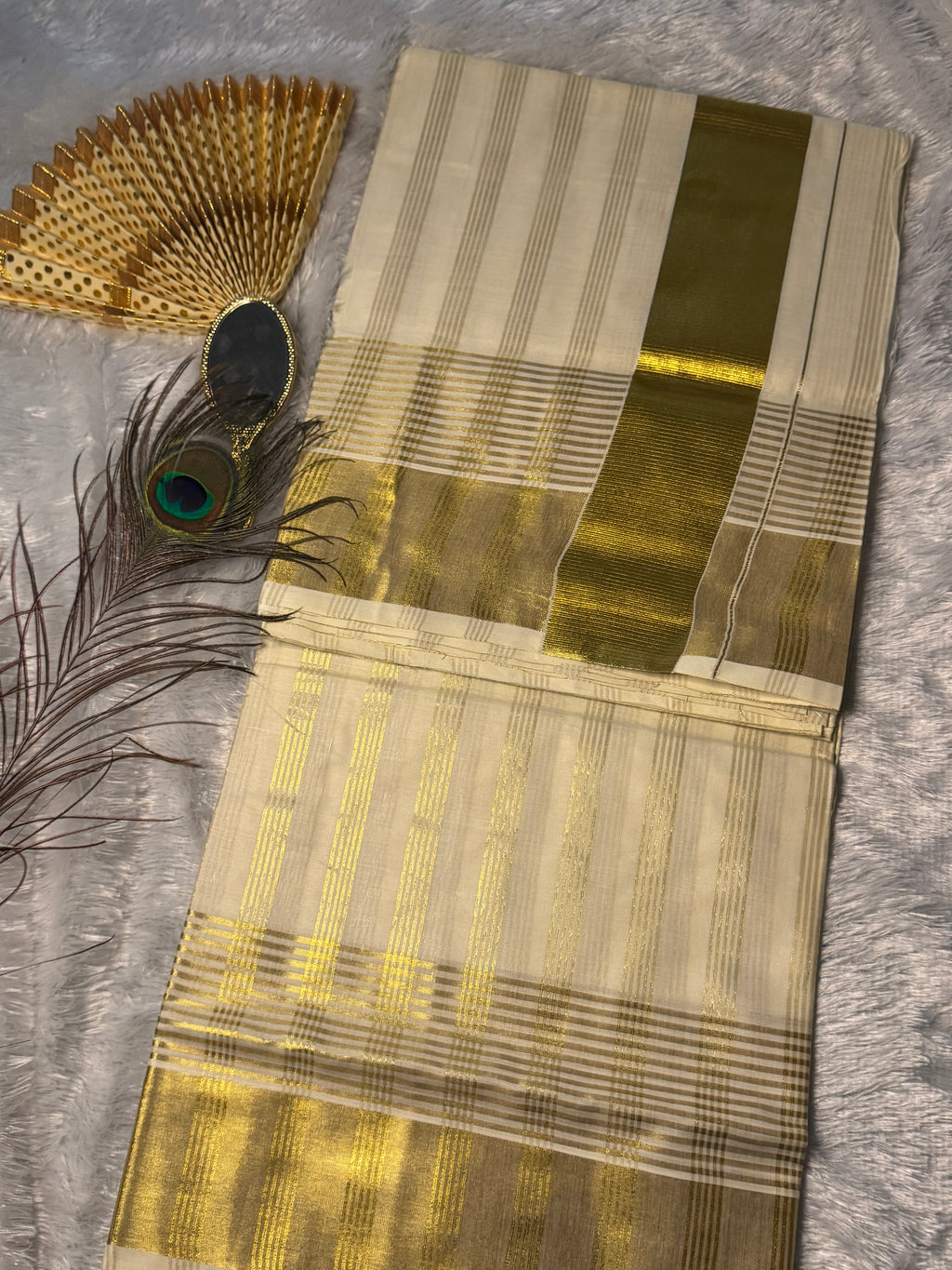 Premium Cotton Kerala Kasavu Saree with Textured Gold Zari Lines