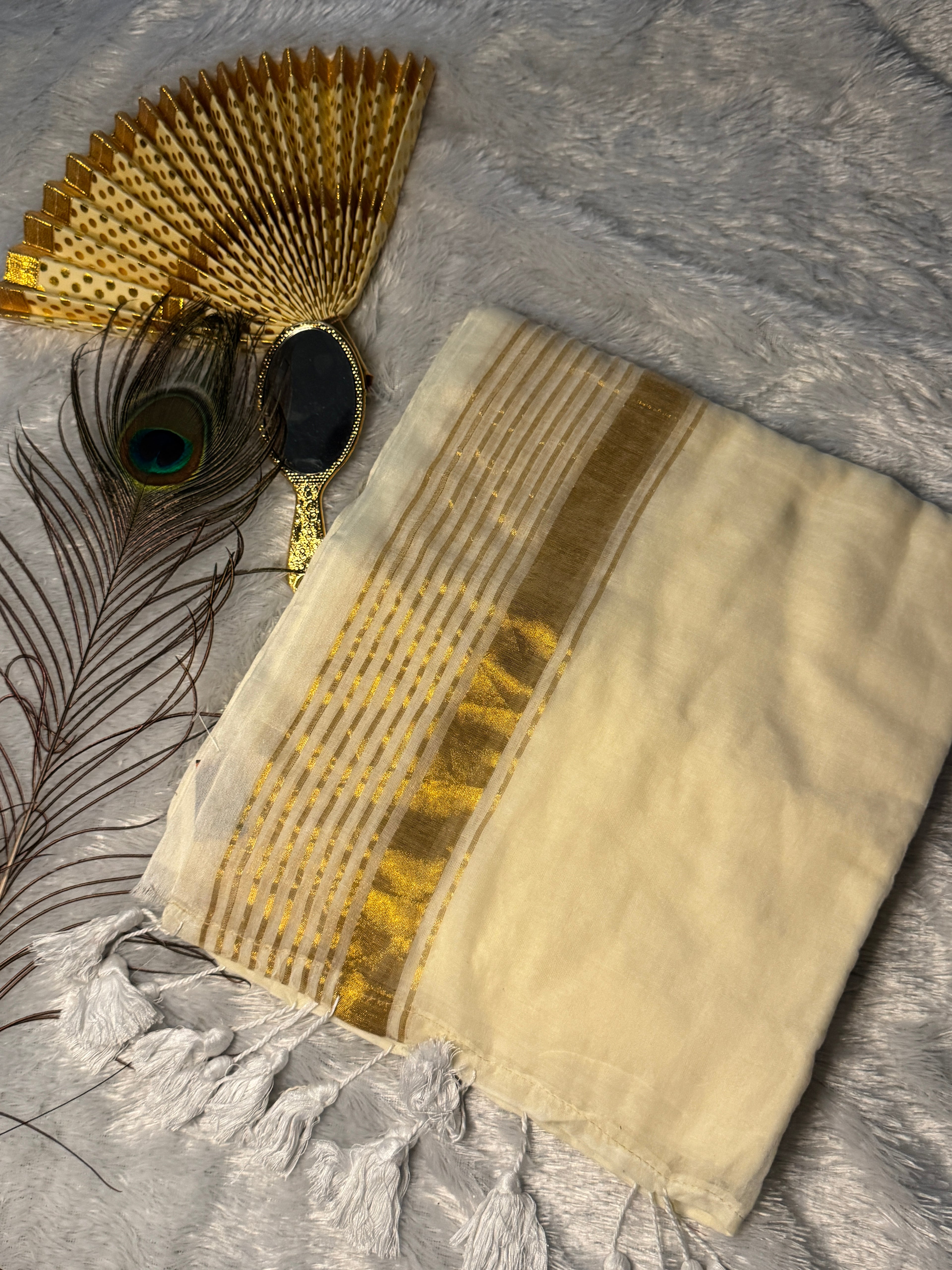 Premium Mul Cotton Kerala Kasavu Saree with Matching White Tassels