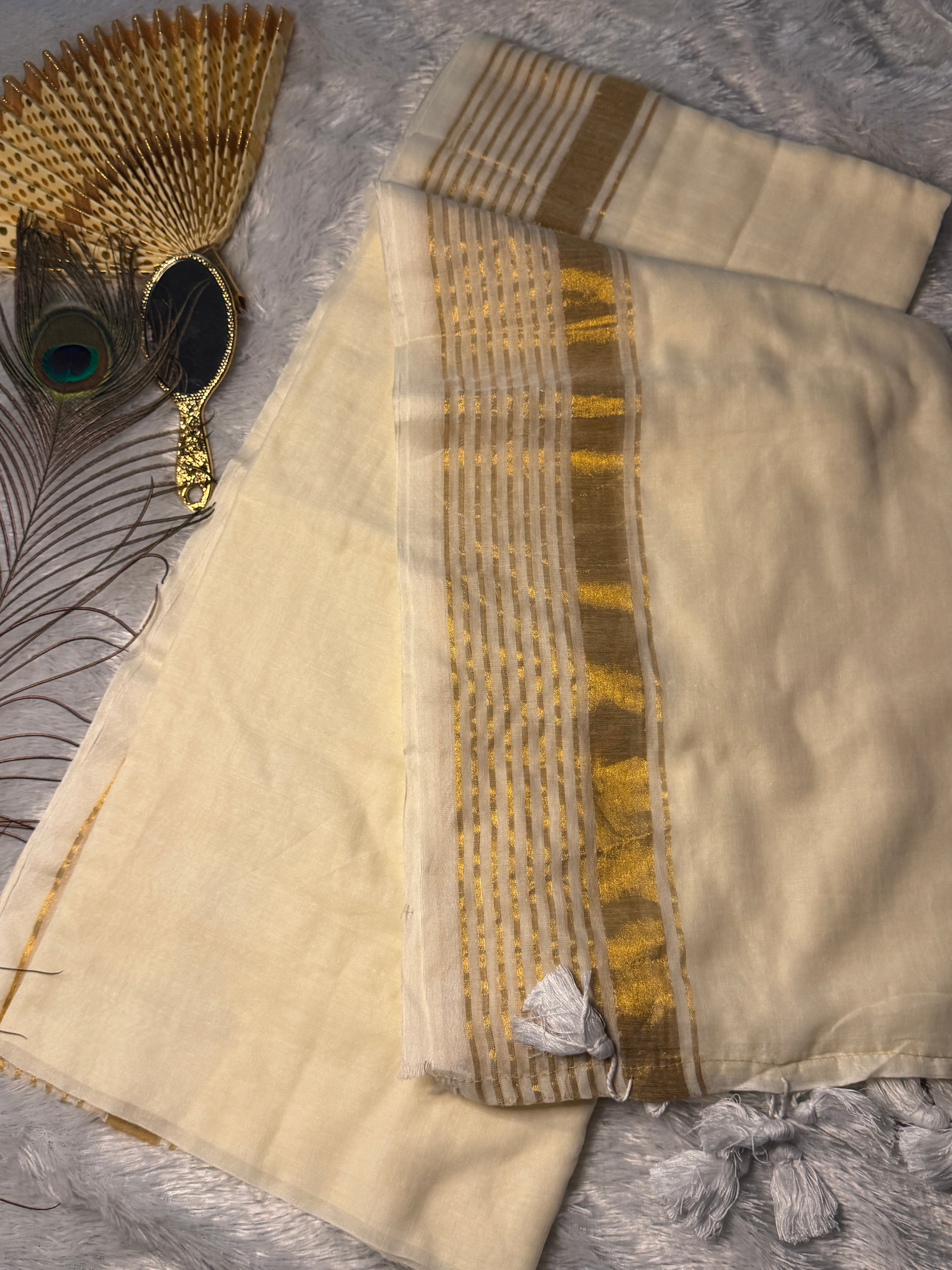 Premium Mul Cotton Kerala Kasavu Saree with Matching White Tassels