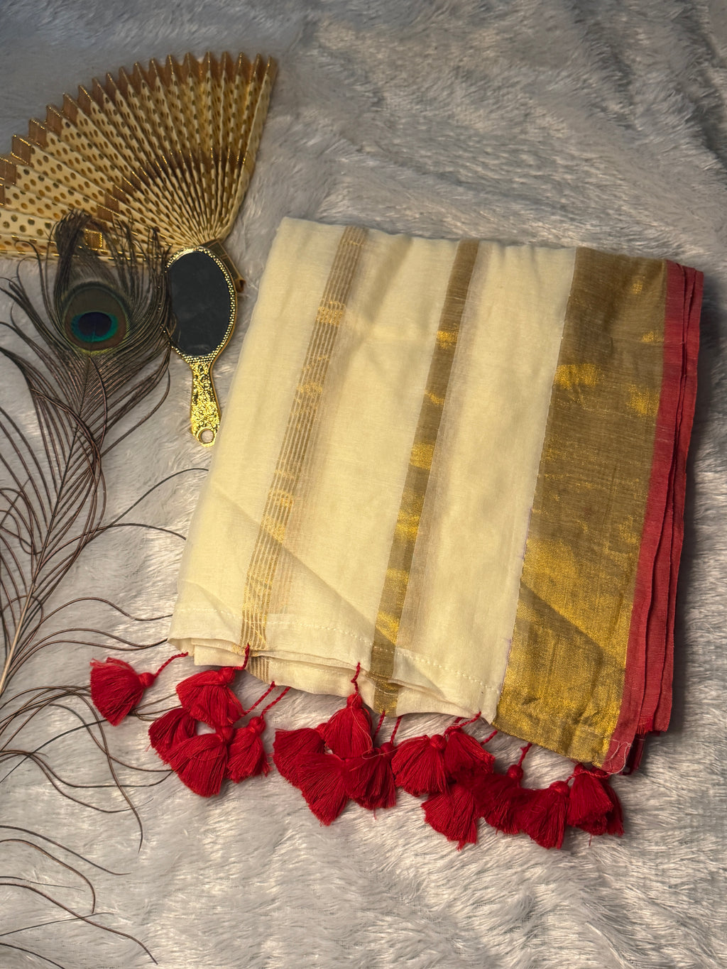 Premium Mul Cotton Kerala Kasavu Saree with Contrast Red Tassels