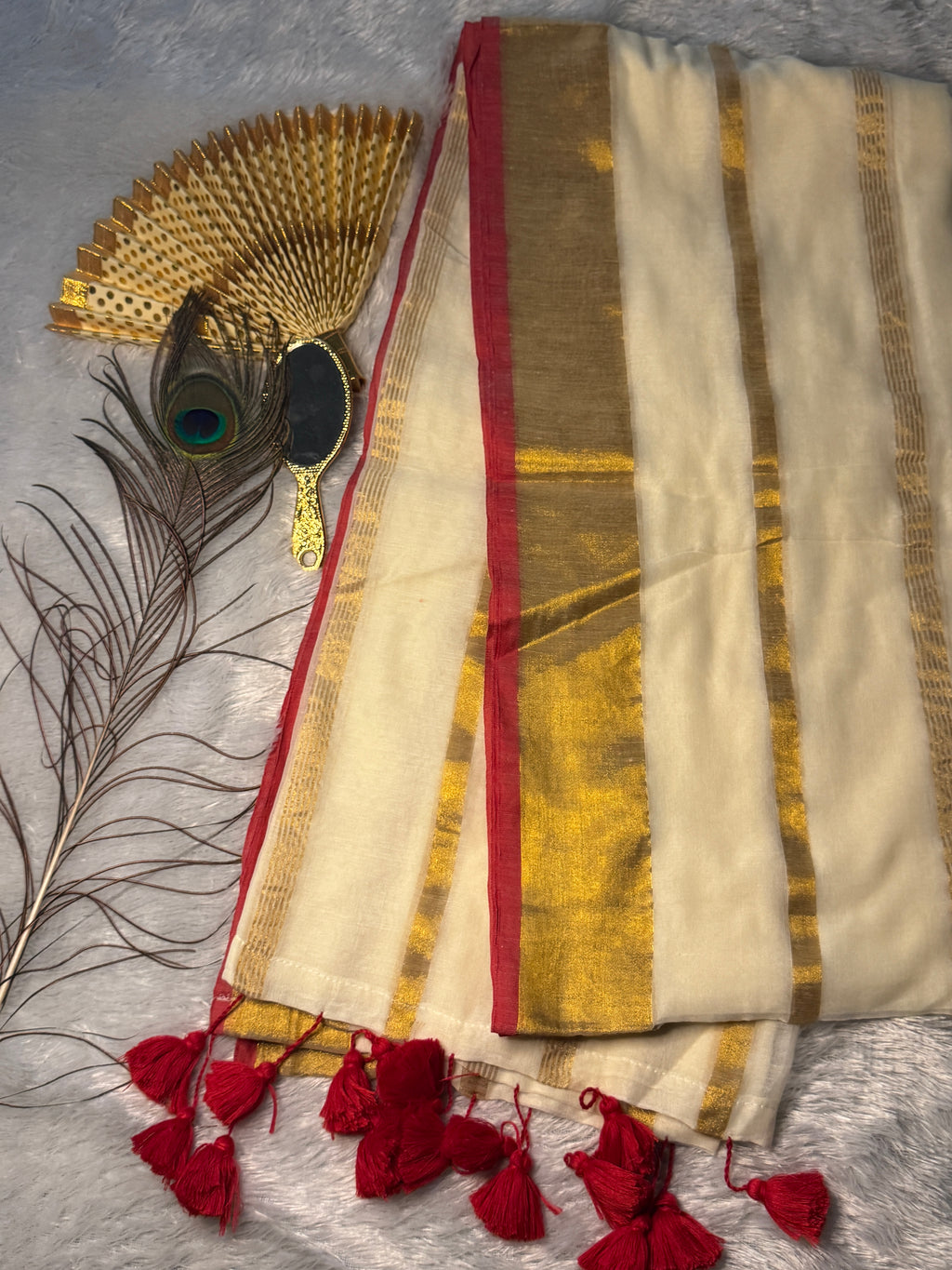 Premium Mul Cotton Kerala Kasavu Saree with Contrast Red Tassels