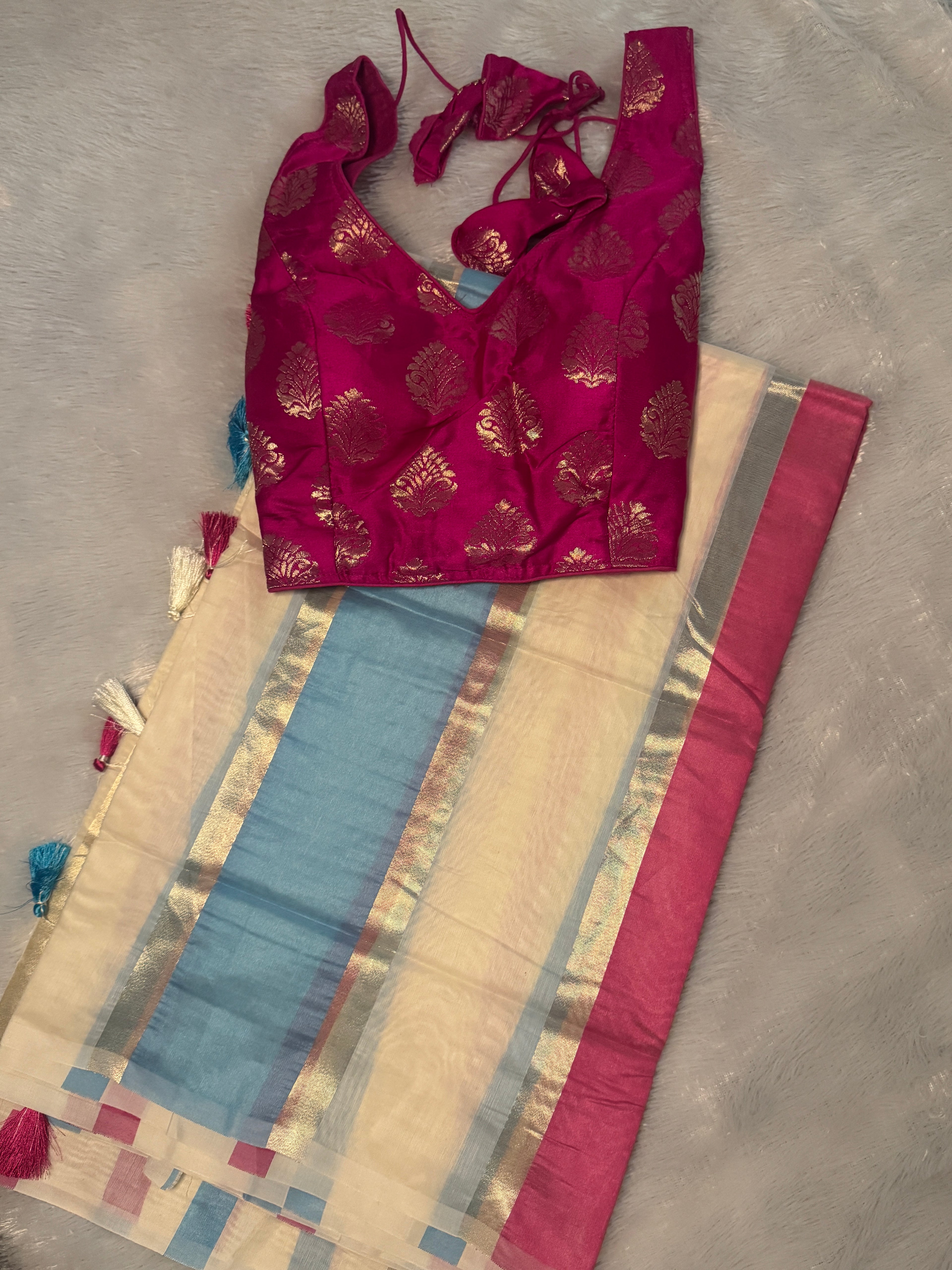 Premium Mul Chanderi Kasavu Saree with Dual Color-Block & Gold Zari