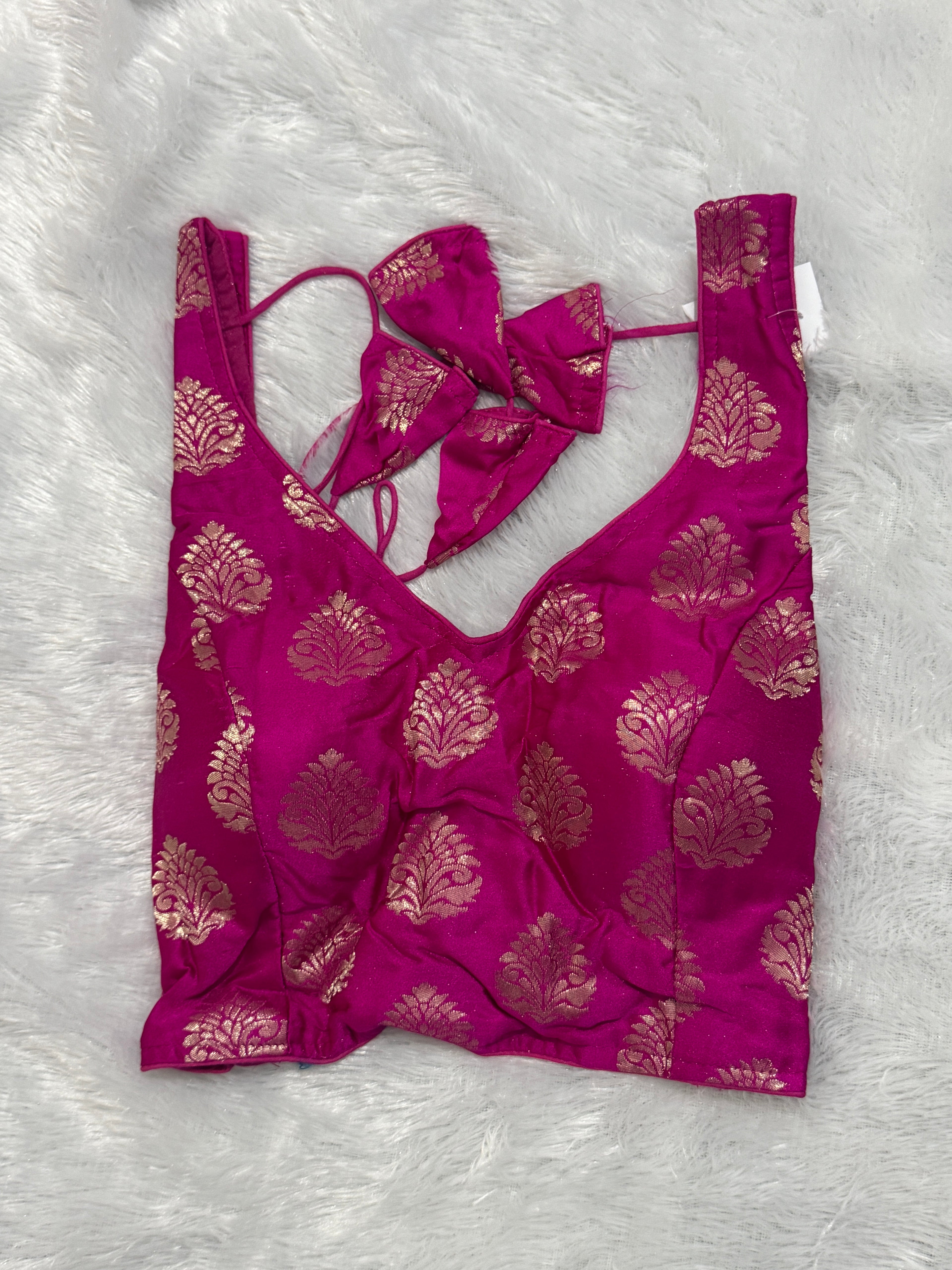 Padded Ready-Made Art Silk Brocade Blouse with Gold Zari Motifs - FreeSize