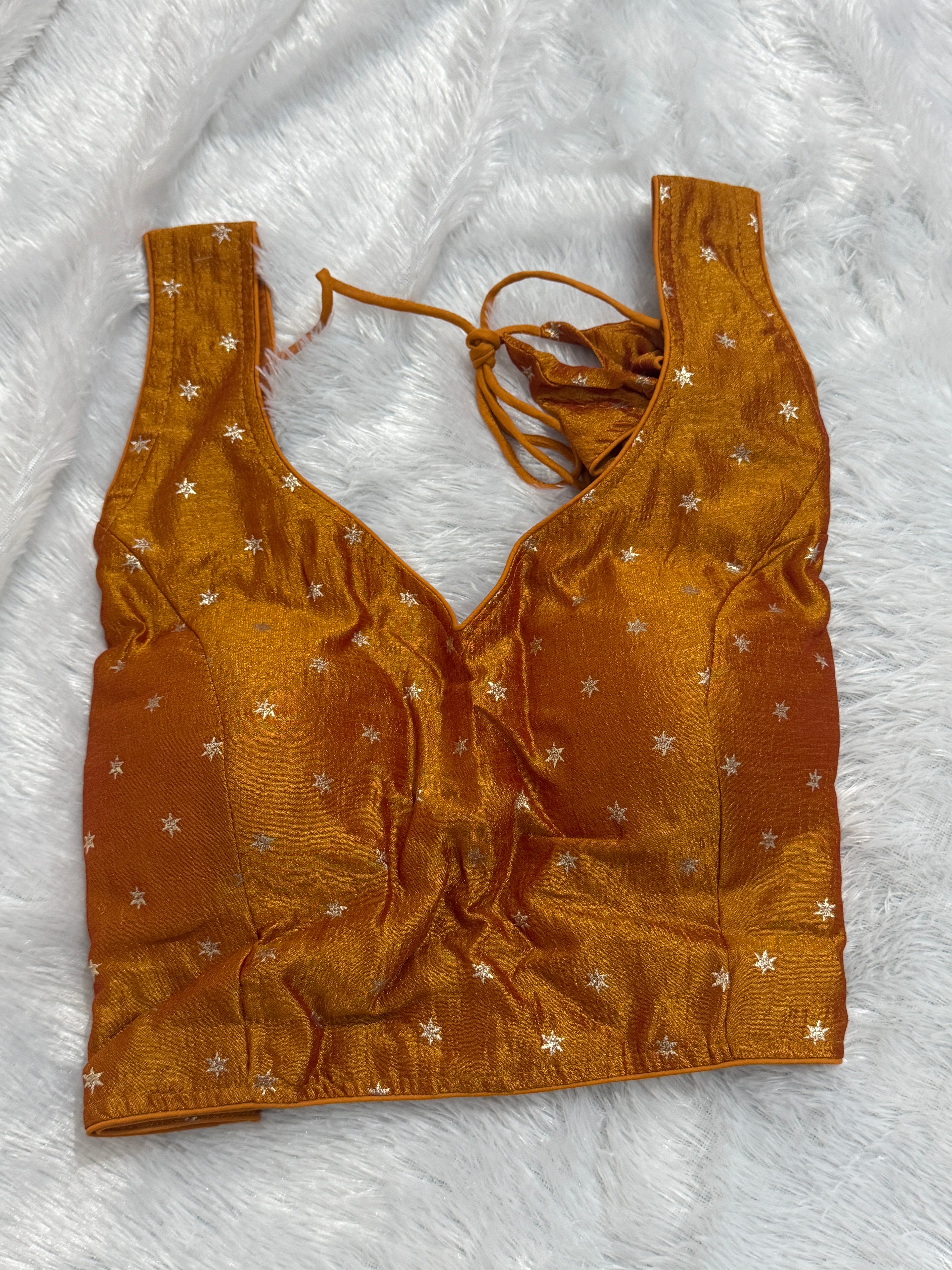 Padded Ready-Made Silk Blouse with Gold Star Motifs & Back Dori Tie-Up - FreeSize