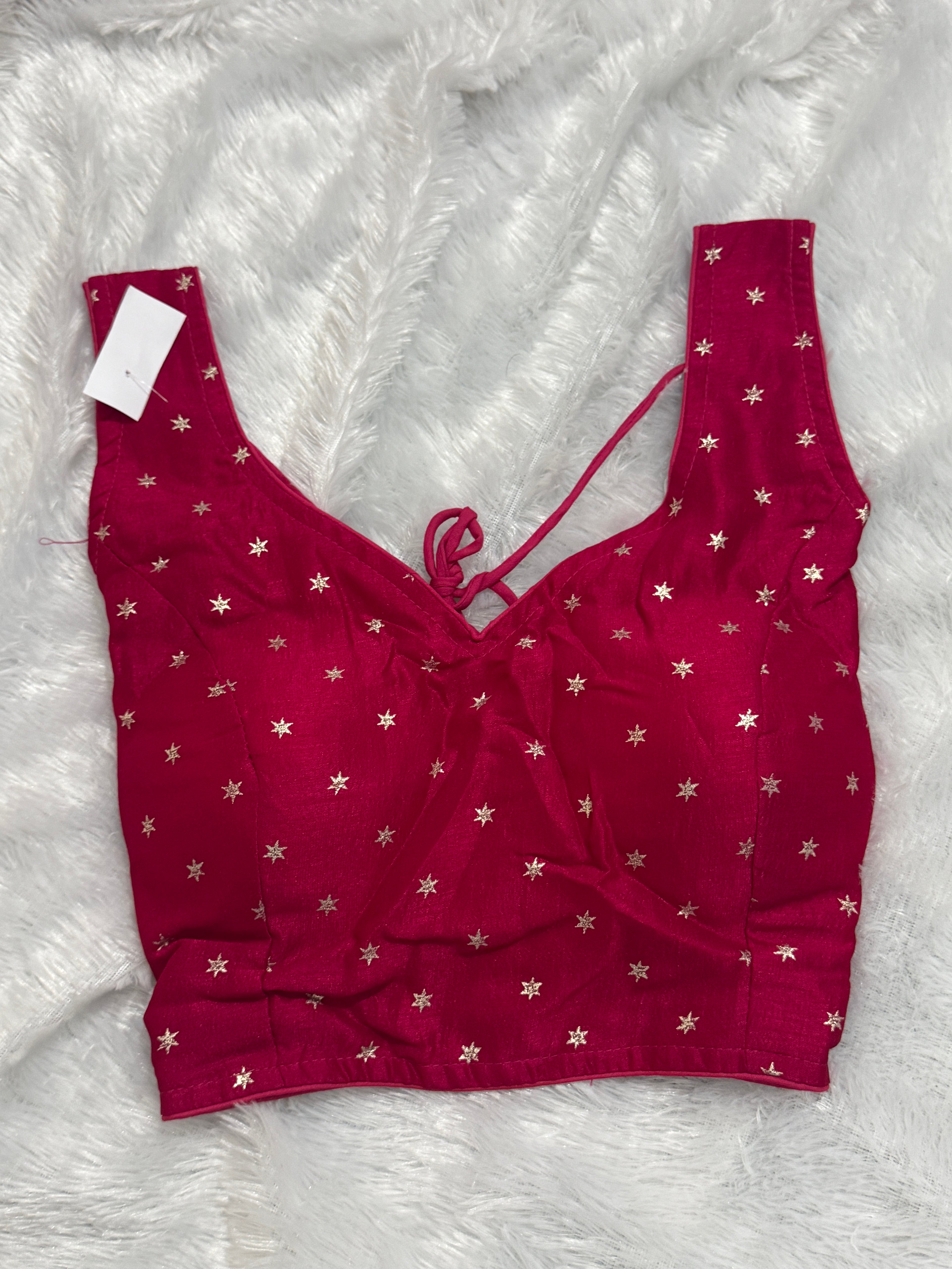 Padded Ready-Made Silk Blouse with Gold Star Motifs & Back Dori Tie-Up - FreeSize