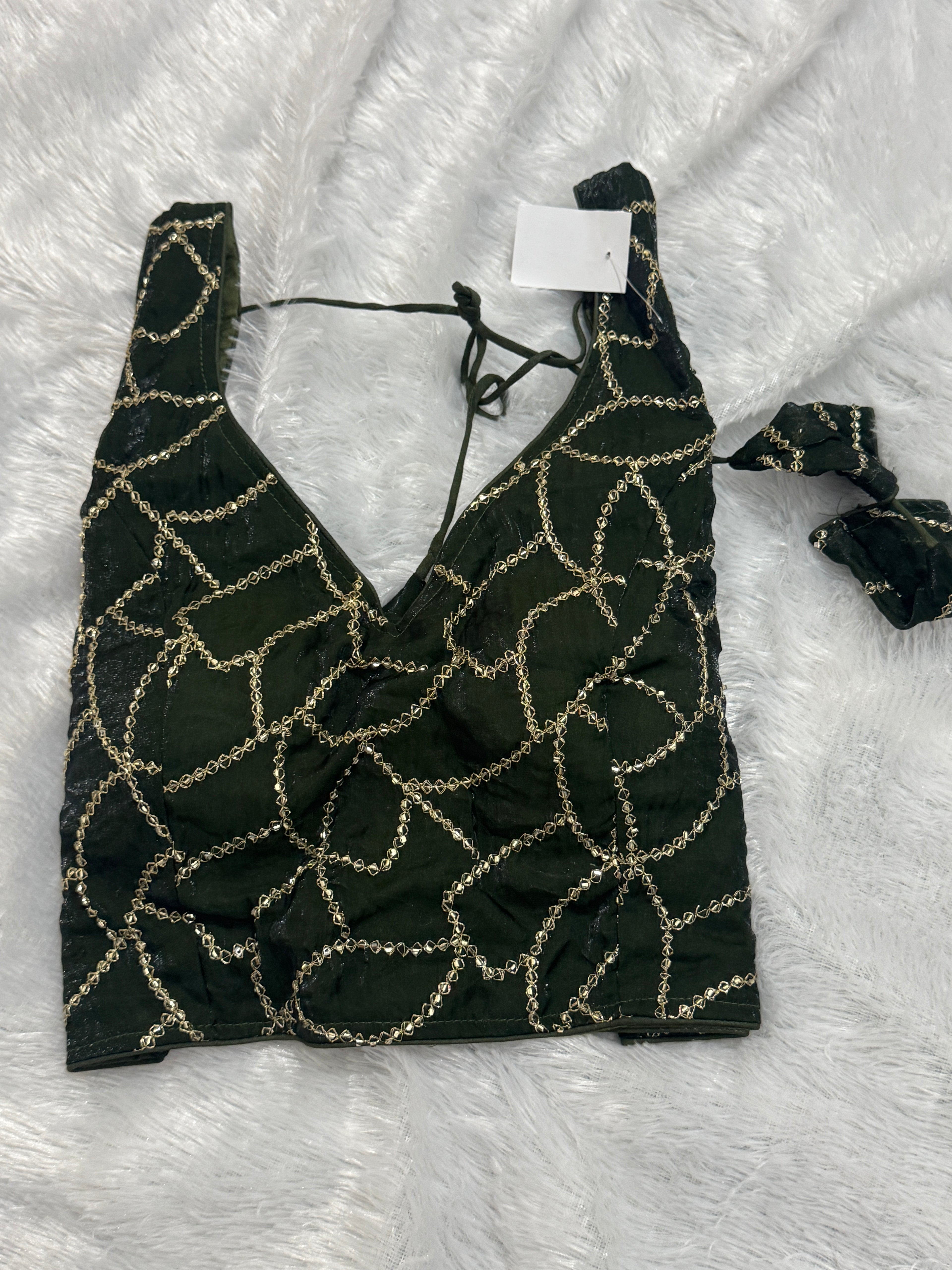 Padded Ready-Made Silk Blouse with Gold Geometric Lattice Embroidery - FreeSize
