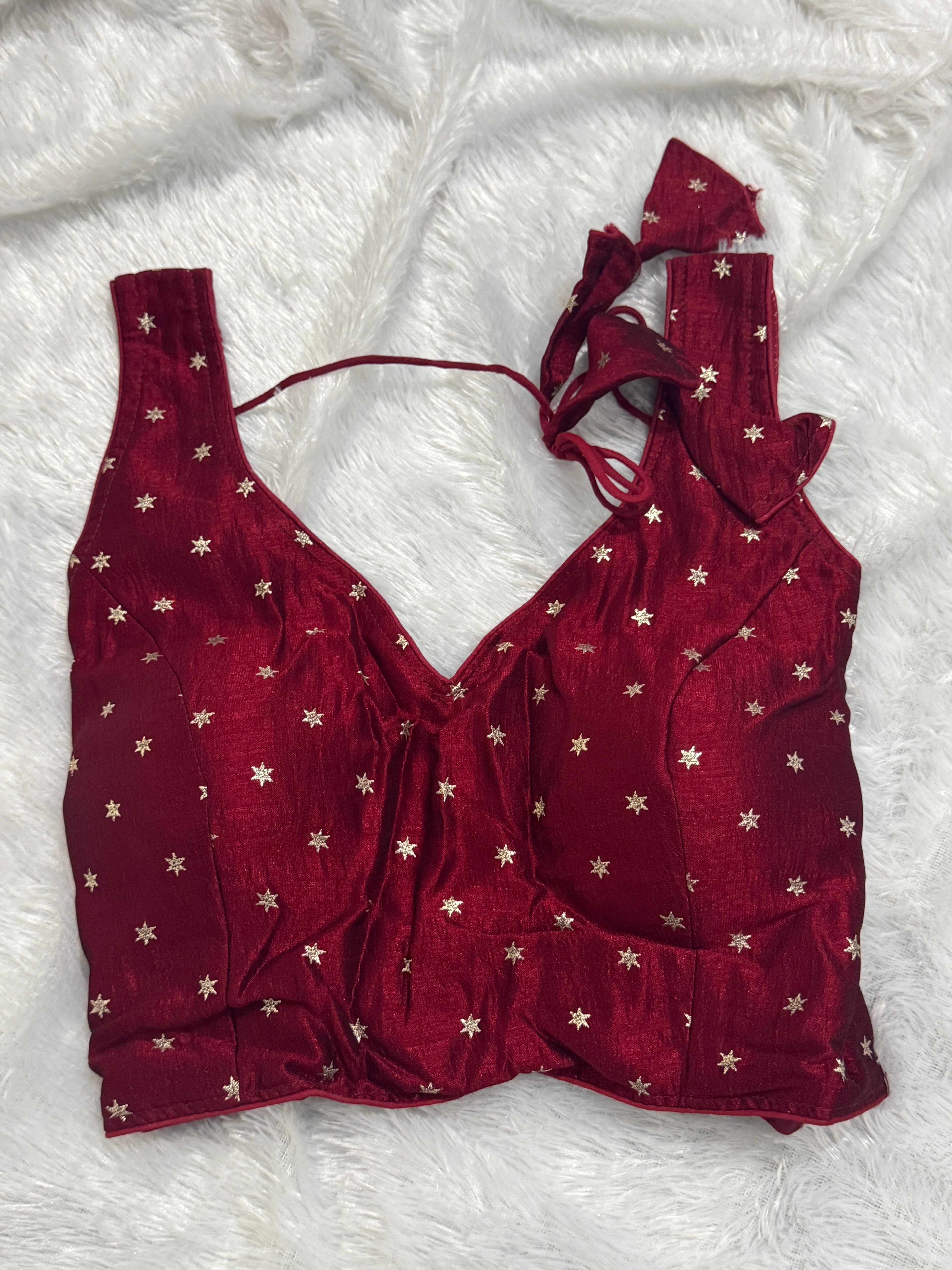 Padded Ready-Made Silk Blouse with Gold Star Motifs & Back Dori Tie-Up - FreeSize