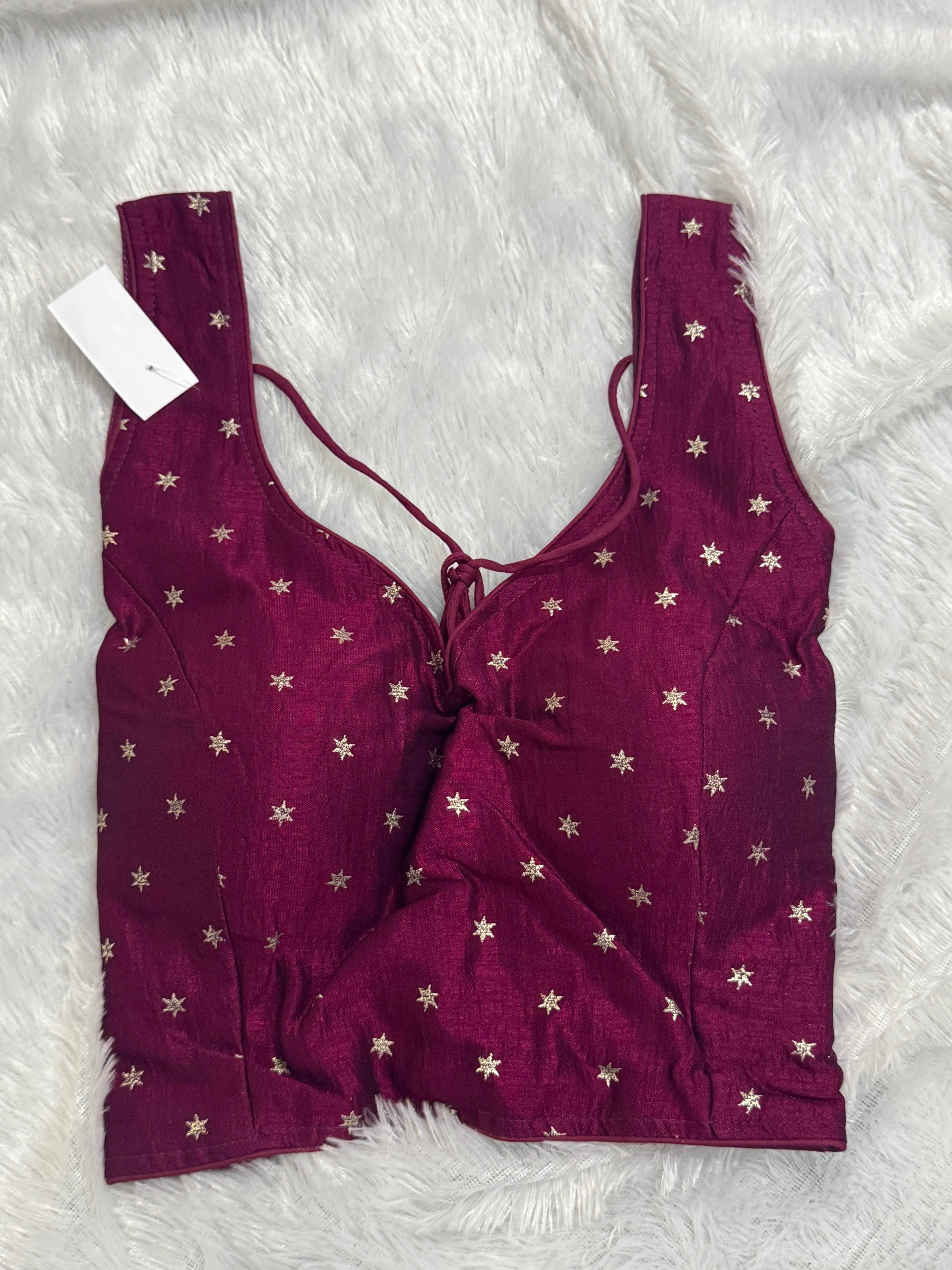 Padded Ready-Made Silk Blouse with Gold Star Motifs & Back Dori Tie-Up - FreeSize