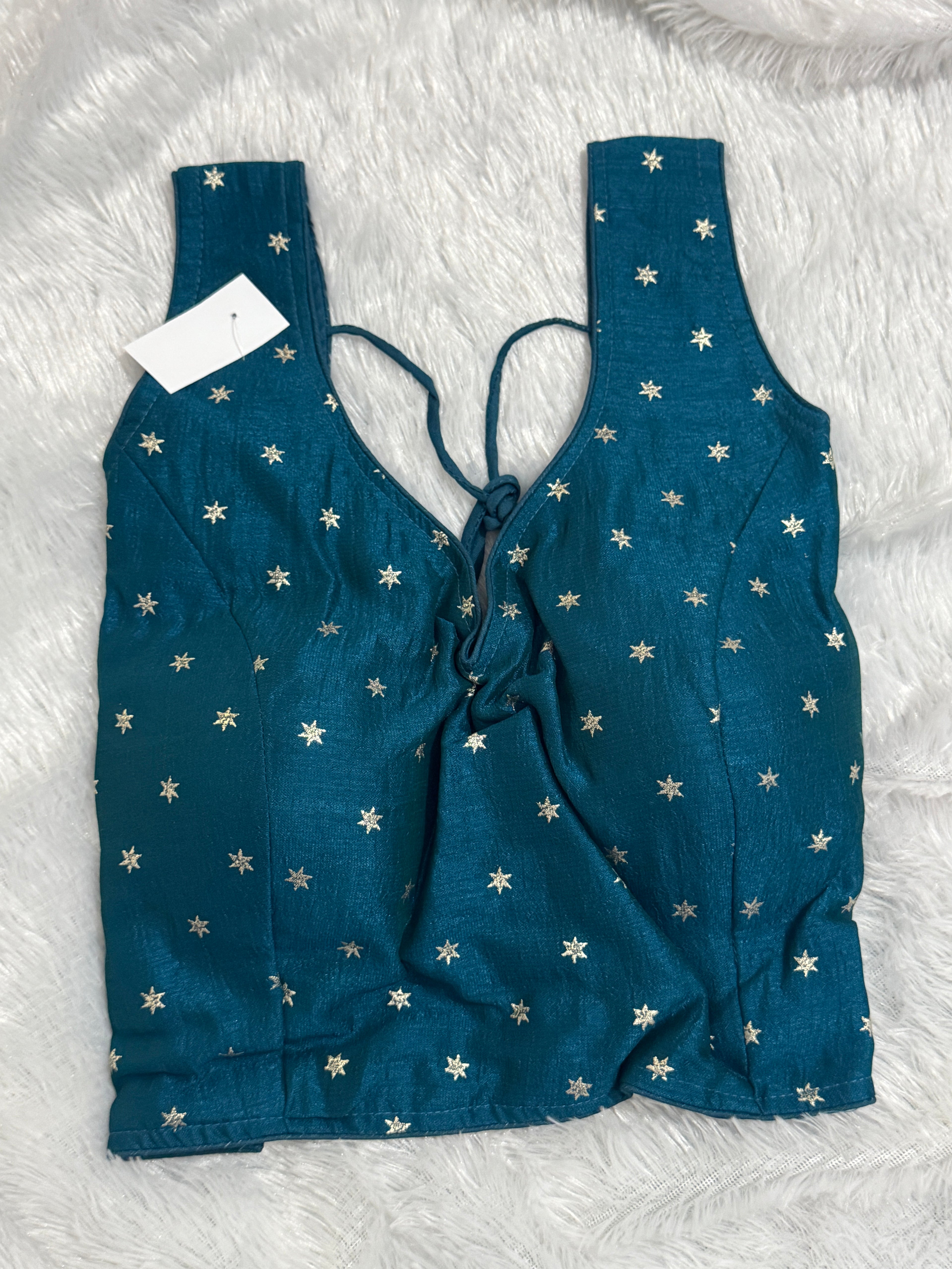 Padded Ready-Made Silk Blouse with Gold Star Motifs & Back Dori Tie-Up - FreeSize