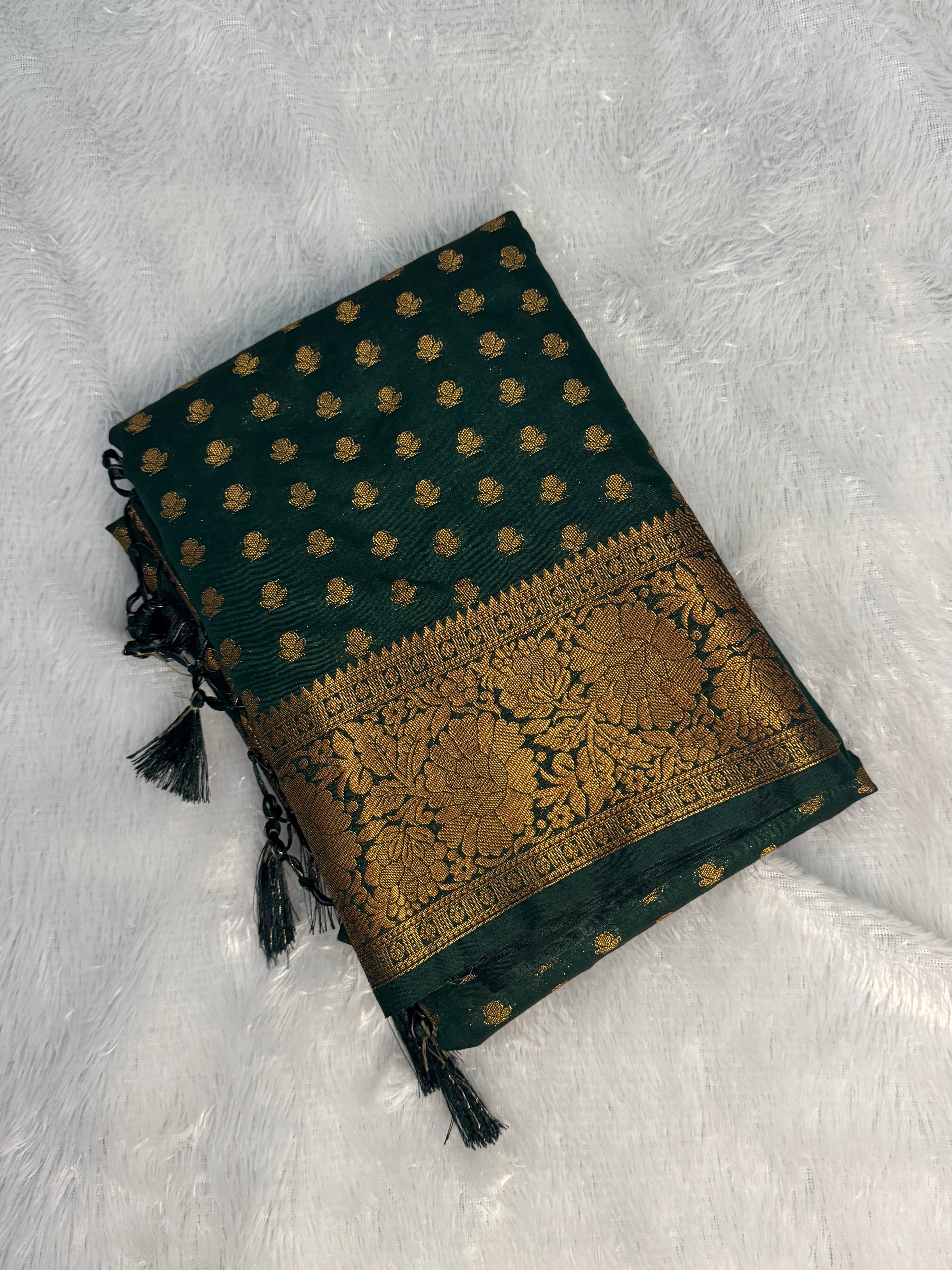 Rich Emerald Green Semi Banarasi Silk Saree with Heavy Gold Pallu & Tassels