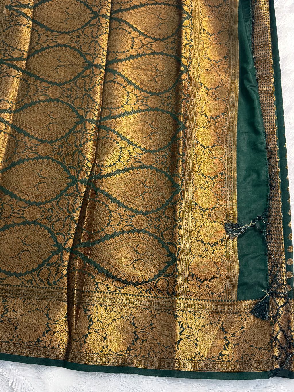 Rich Emerald Green Semi Banarasi Silk Saree with Heavy Gold Pallu & Tassels
