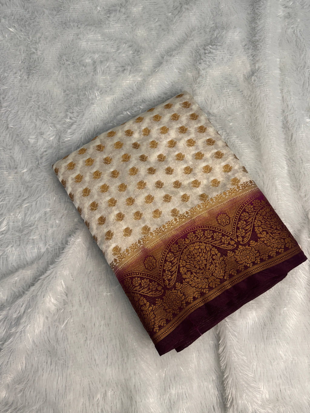 Cream & Deep Wine Semi Banarasi Silk Saree with Gold Zari Weaving