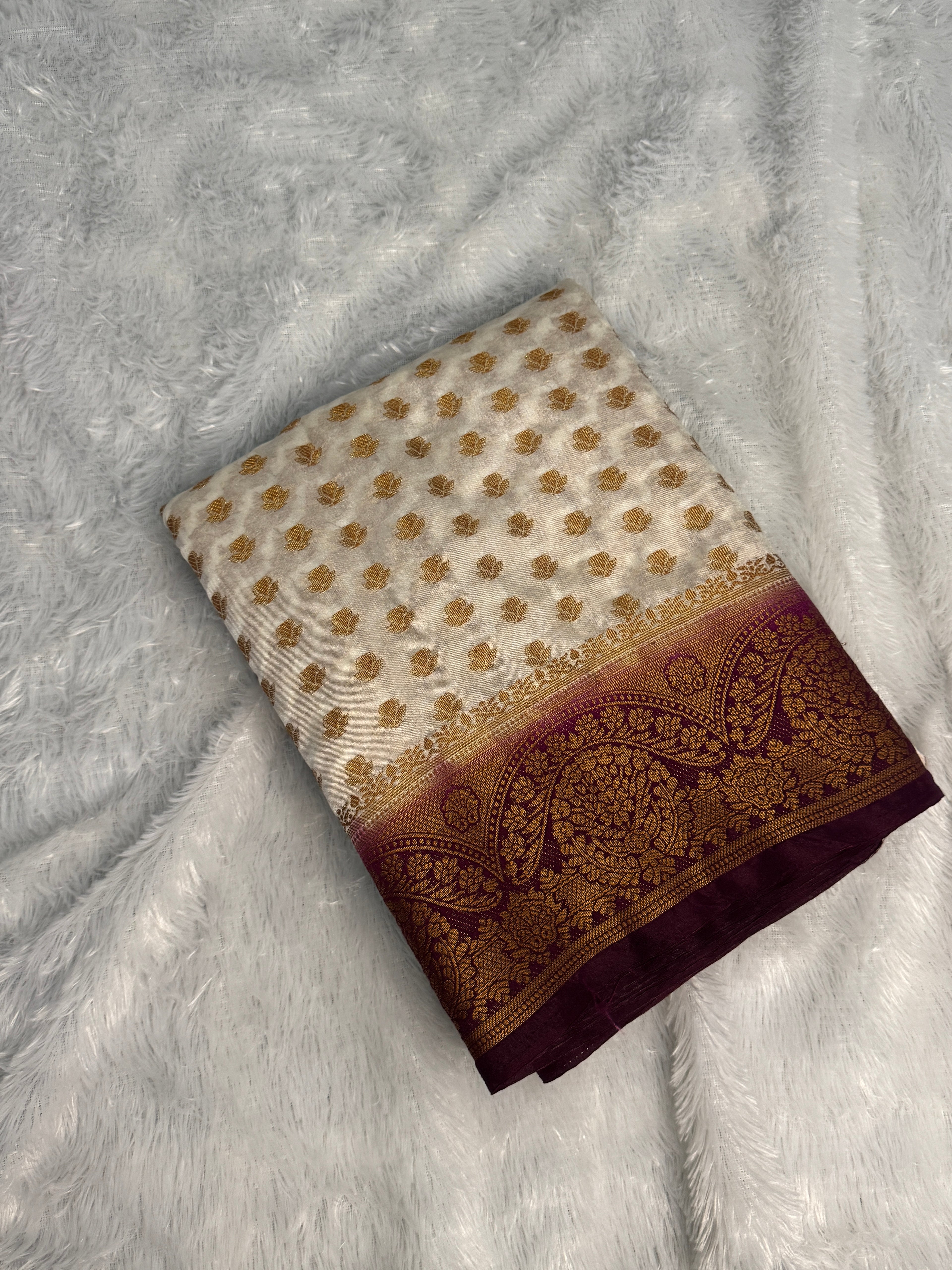 Cream & Deep Wine Semi Banarasi Silk Saree with Gold Zari Weaving