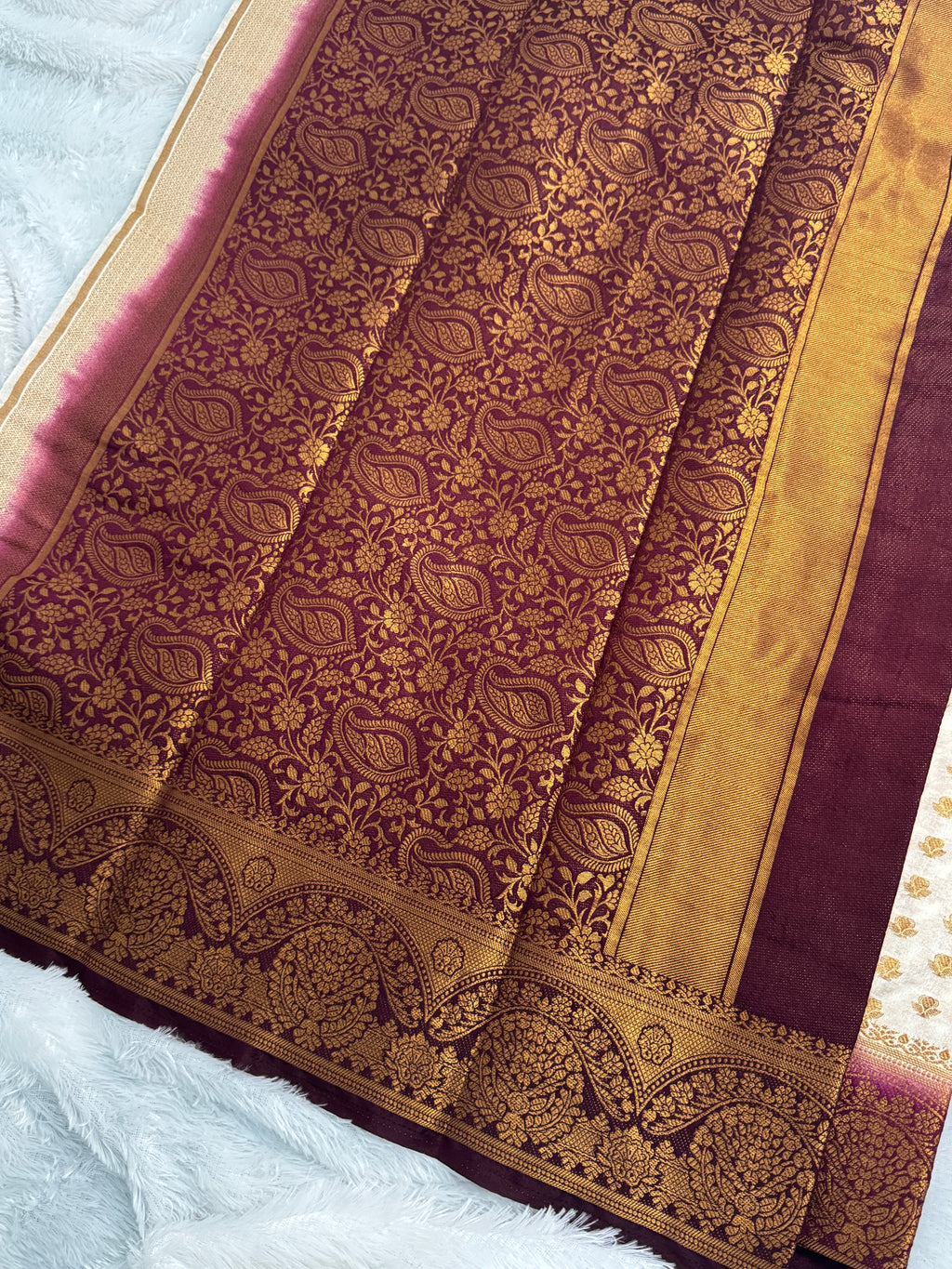 Cream & Deep Wine Semi Banarasi Silk Saree with Gold Zari Weaving