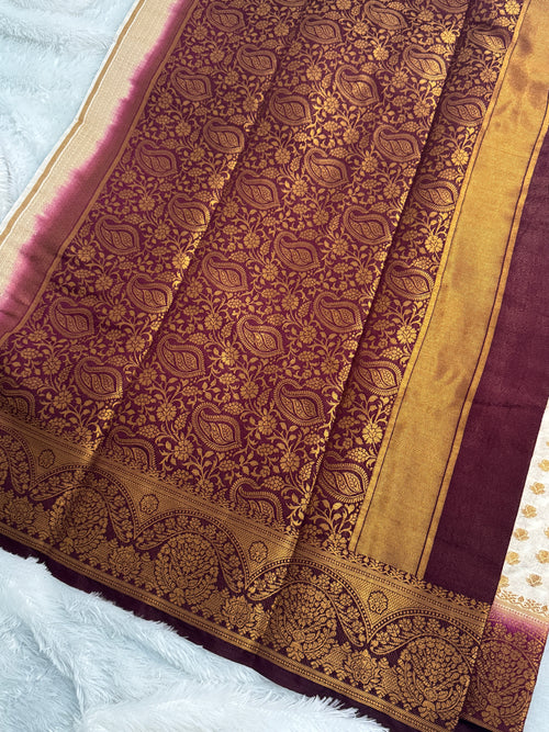 Cream & Deep Wine Semi Banarasi Silk Saree with Gold Zari Weaving