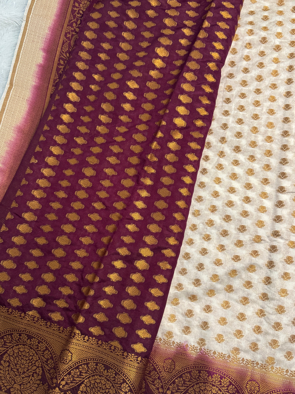 Cream & Deep Wine Semi Banarasi Silk Saree with Gold Zari Weaving