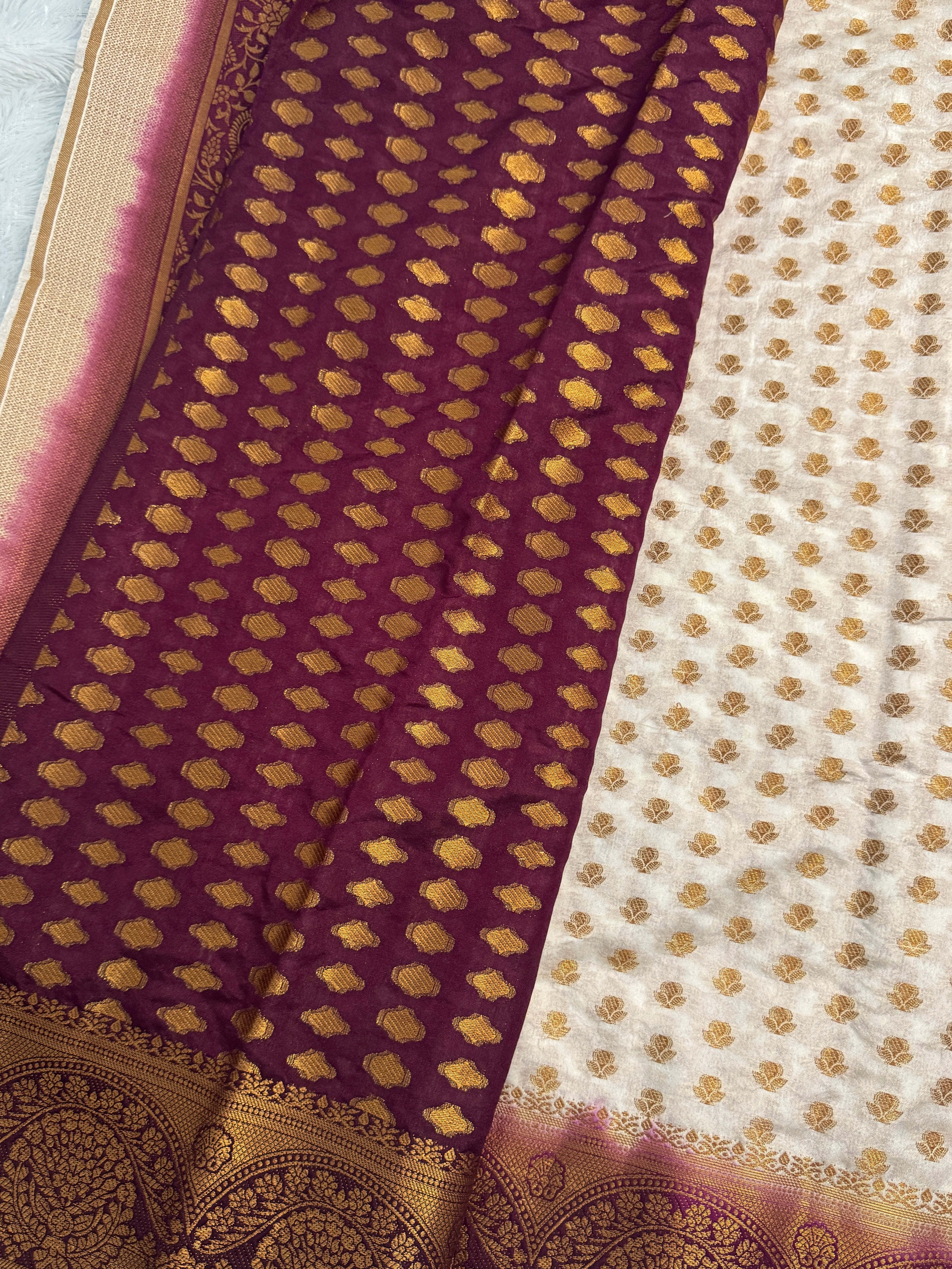 Cream & Deep Wine Semi Banarasi Silk Saree with Gold Zari Weaving
