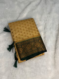 Mustard Gold & Forest Green Semi Banarasi Silk Saree with Heavy Floral Pallu