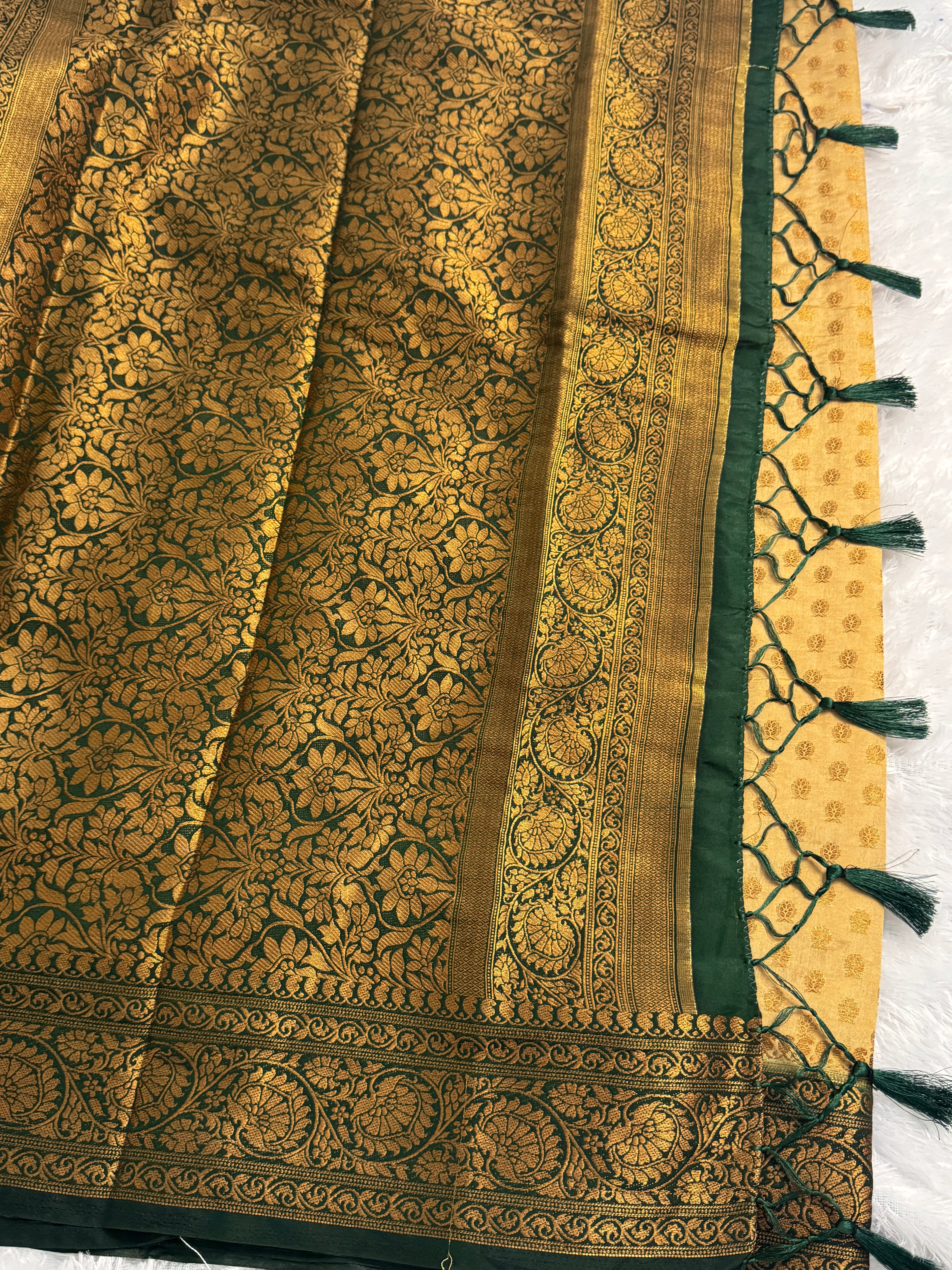 Mustard Gold & Forest Green Semi Banarasi Silk Saree with Heavy Floral Pallu