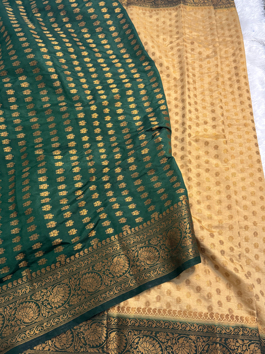 Mustard Gold & Forest Green Semi Banarasi Silk Saree with Heavy Floral Pallu