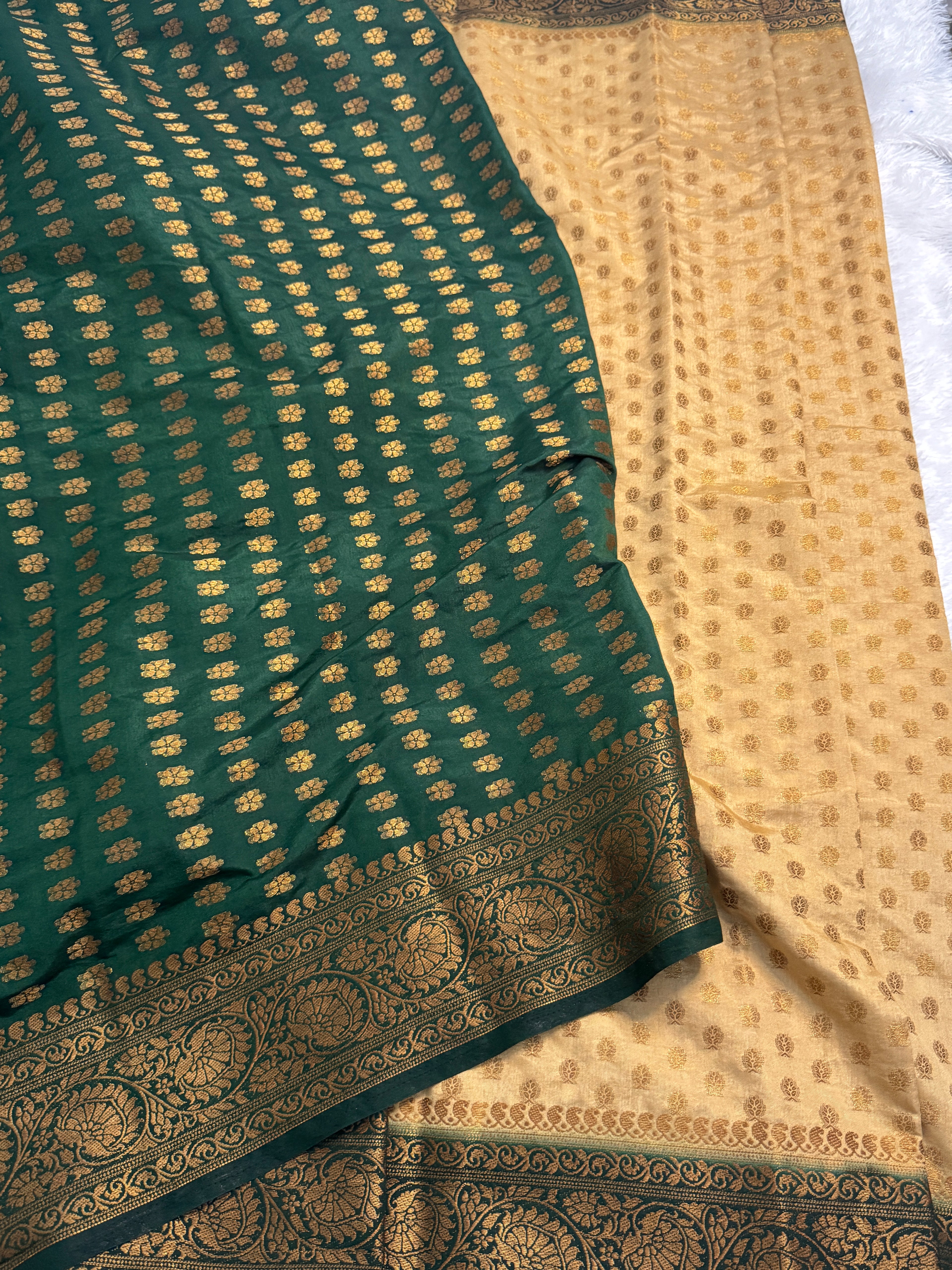 Mustard Gold & Forest Green Semi Banarasi Silk Saree with Heavy Floral Pallu