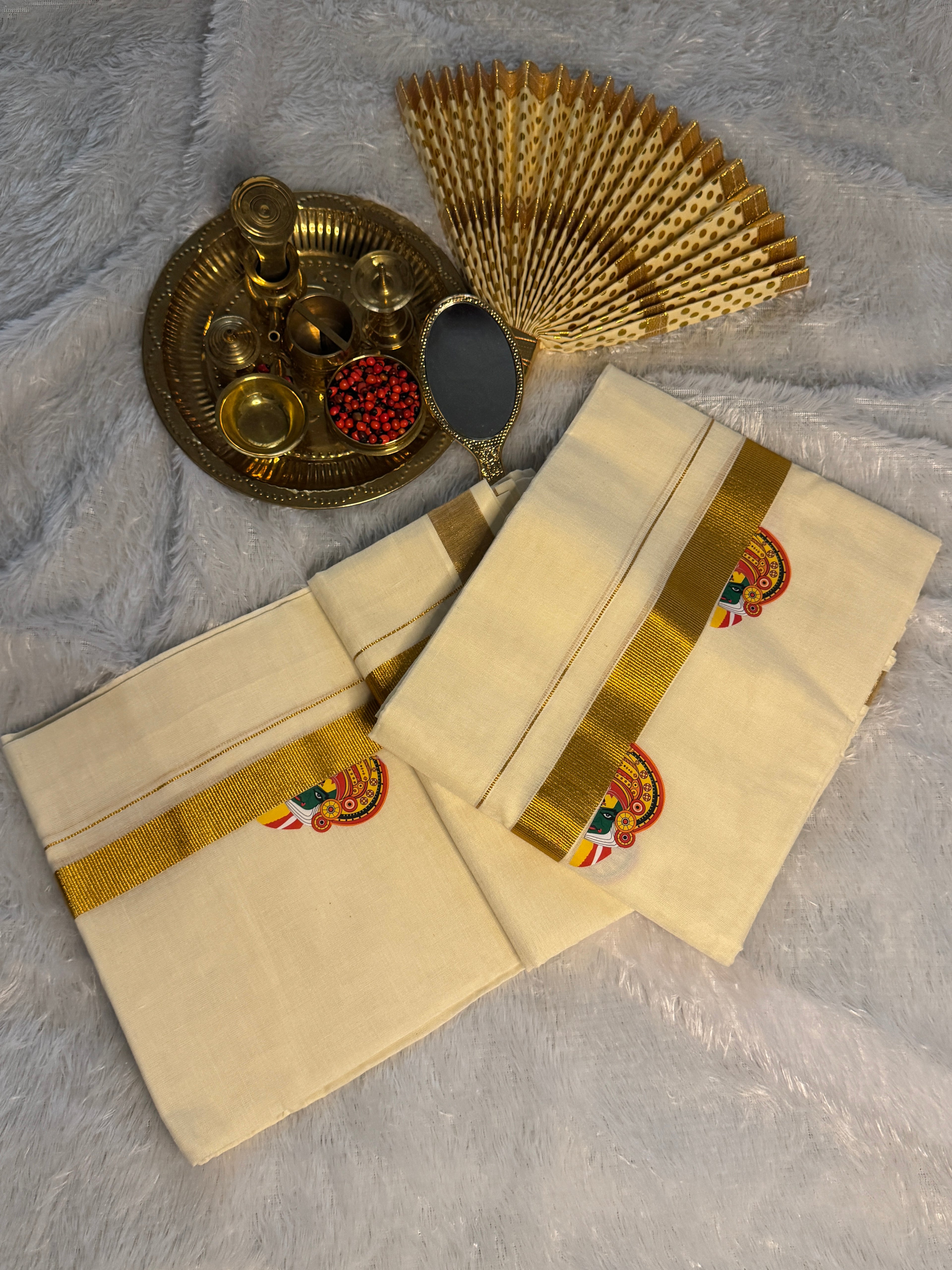 Traditional Pure Cotton Kerala Set Mundu with Kathakali Motifs