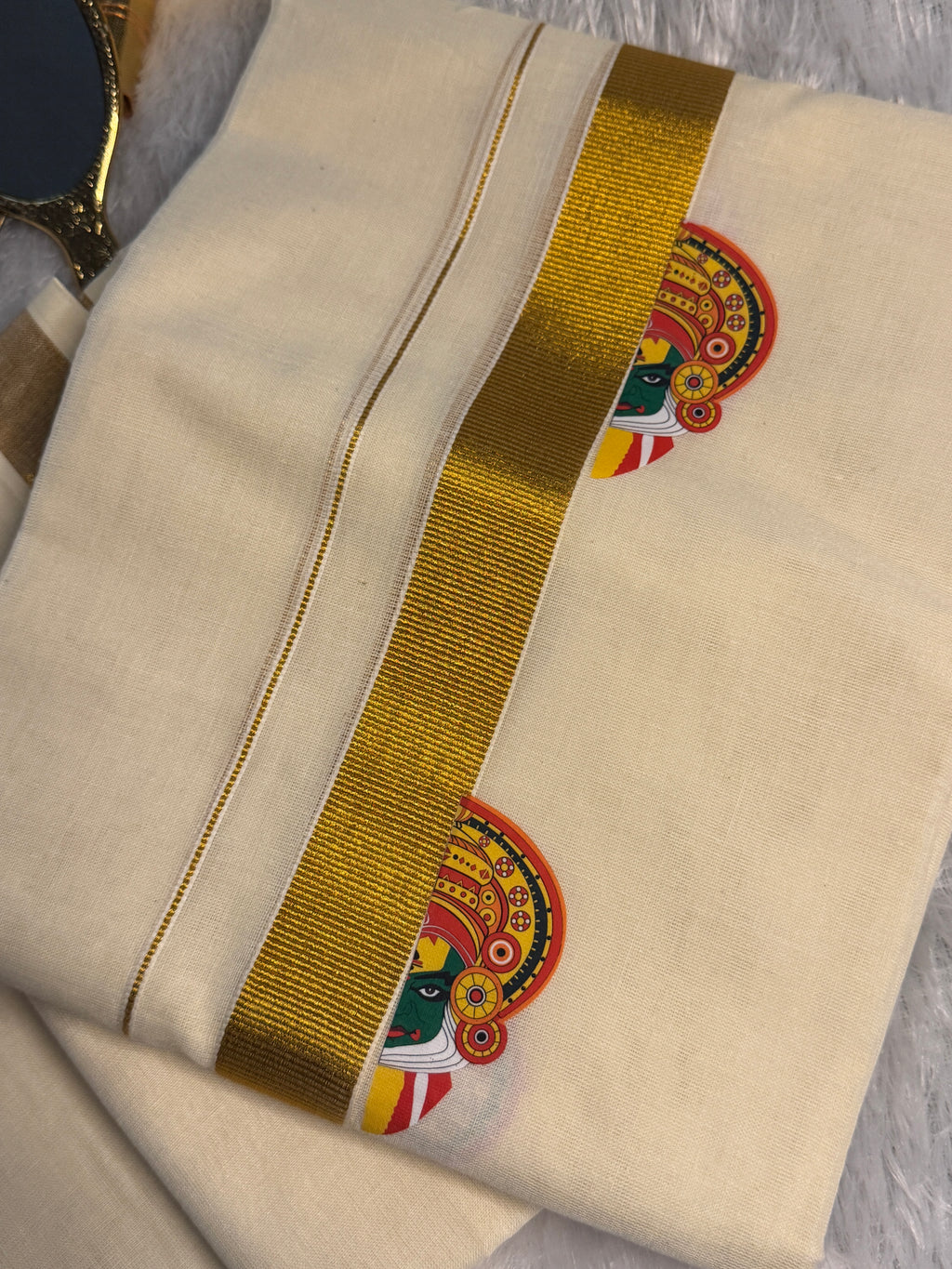 Traditional Pure Cotton Kerala Set Mundu with Kathakali Motifs