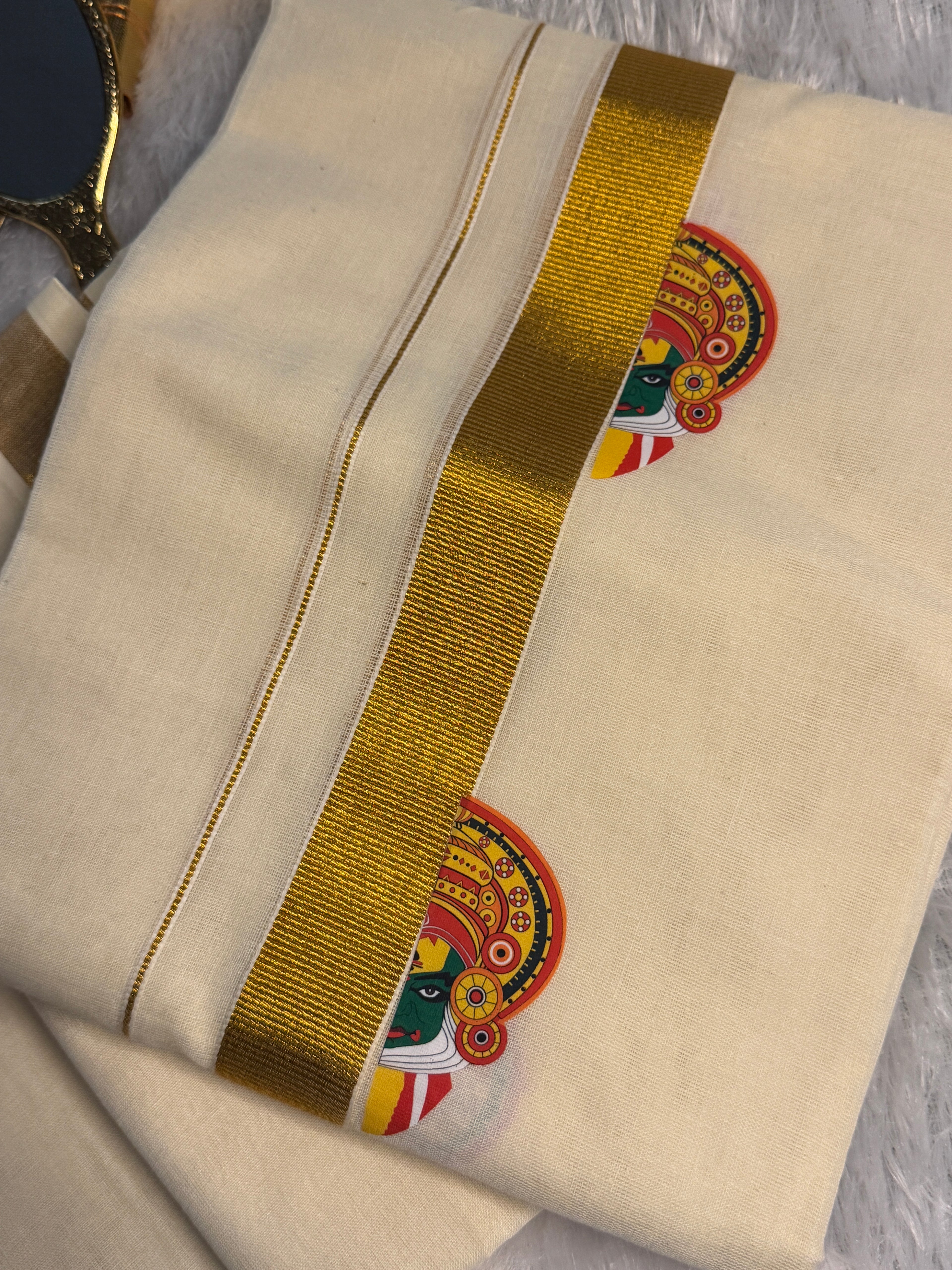 Traditional Pure Cotton Kerala Set Mundu with Kathakali Motifs