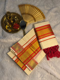Pure Cotton Kerala Set Mundu with Red & Gold Zari Border & Tassels
