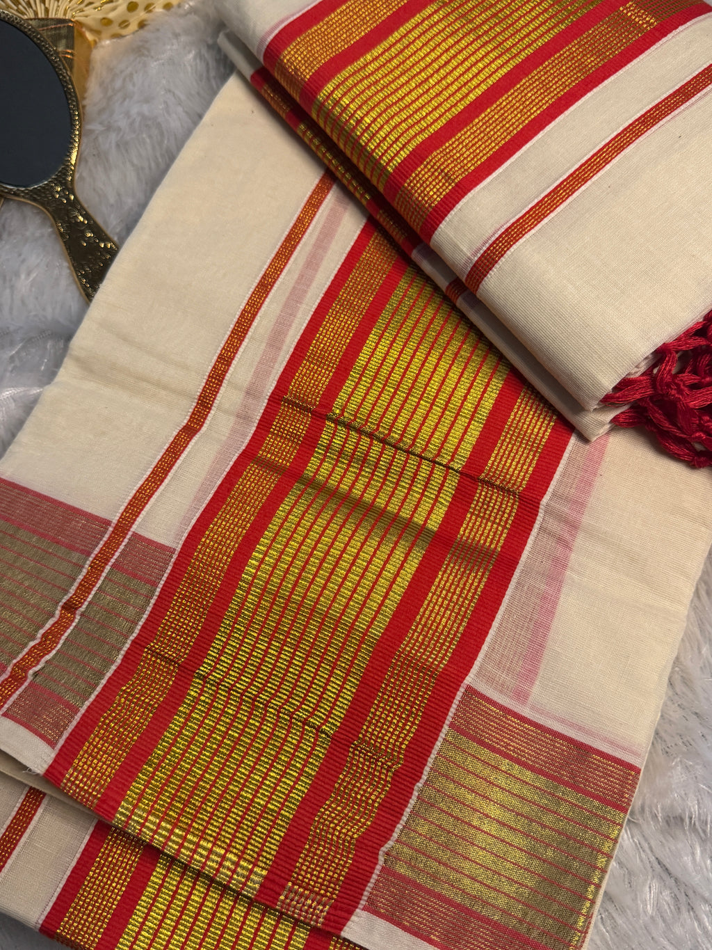 Pure Cotton Kerala Set Mundu with Red & Gold Zari Border & Tassels