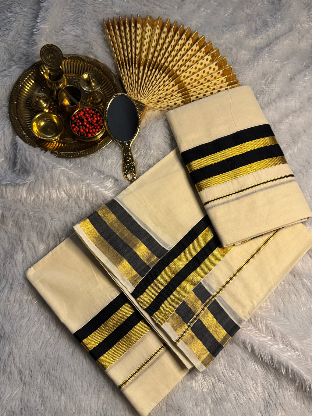 Pure Cotton Kerala Set Mundu with Black & Gold Zari Striped Border
