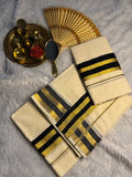 Pure Cotton Kerala Set Mundu with Black & Gold Zari Striped Border