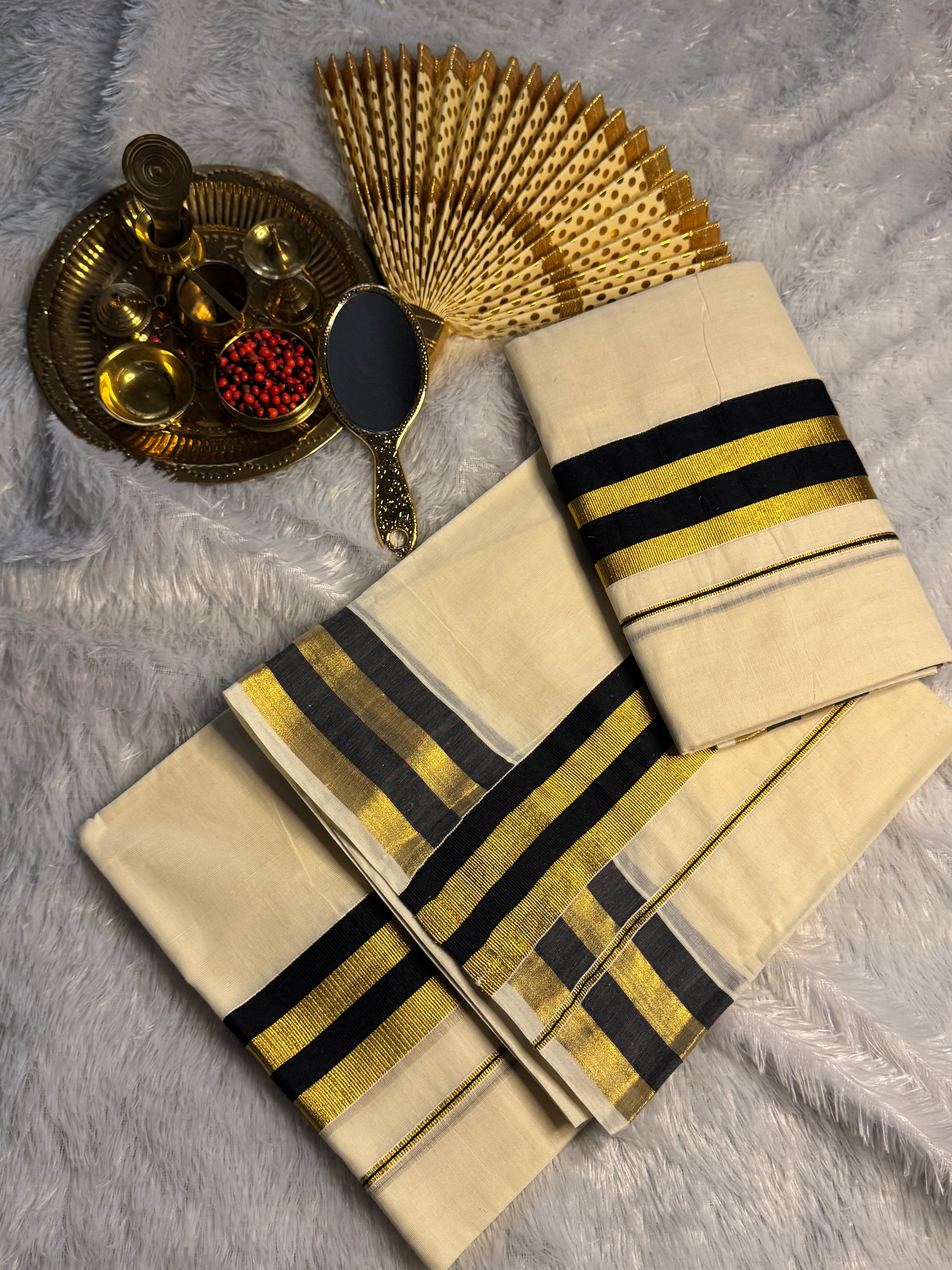 Pure Cotton Kerala Set Mundu with Black & Gold Zari Striped Border