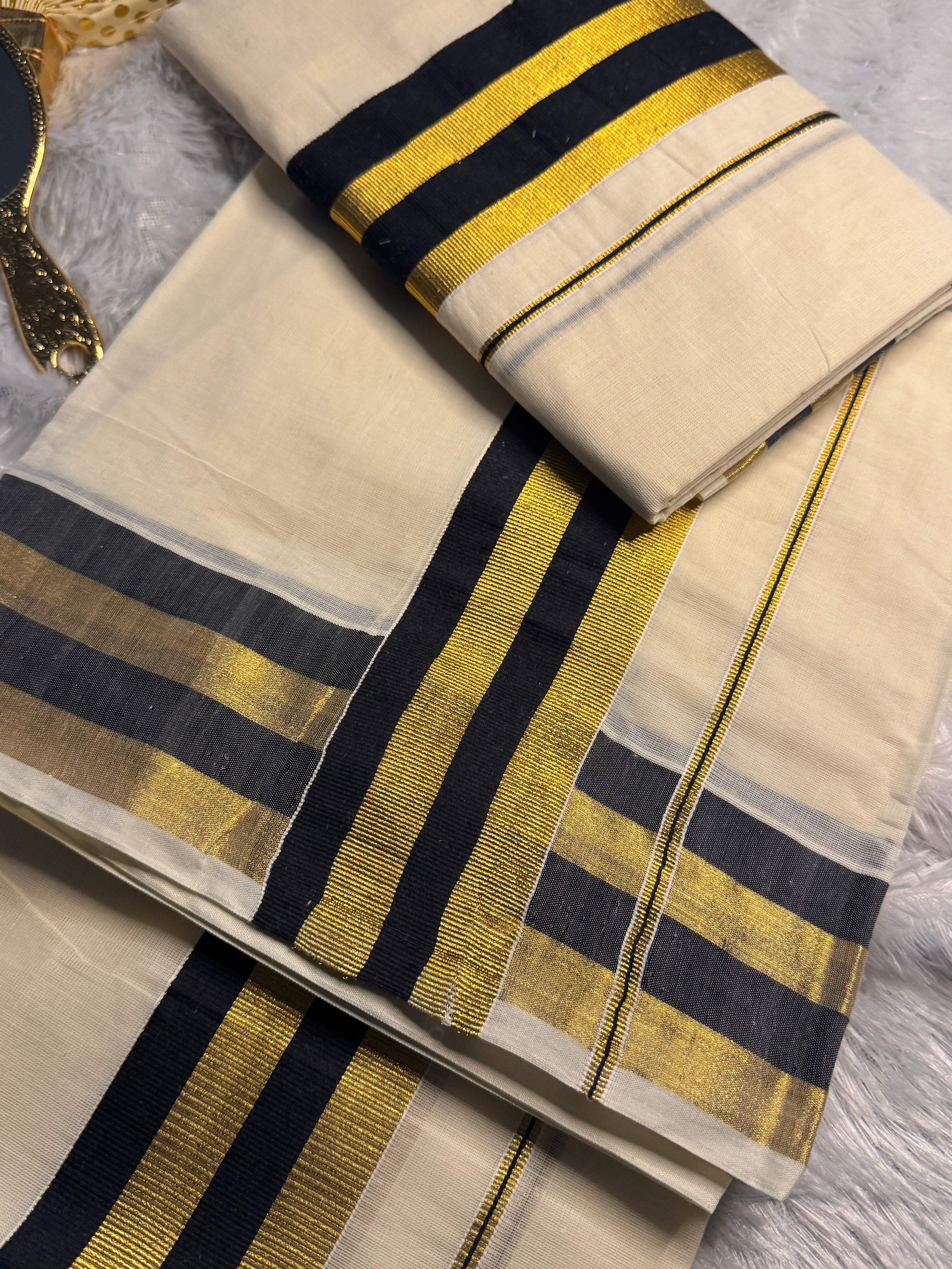Pure Cotton Kerala Set Mundu with Black & Gold Zari Striped Border