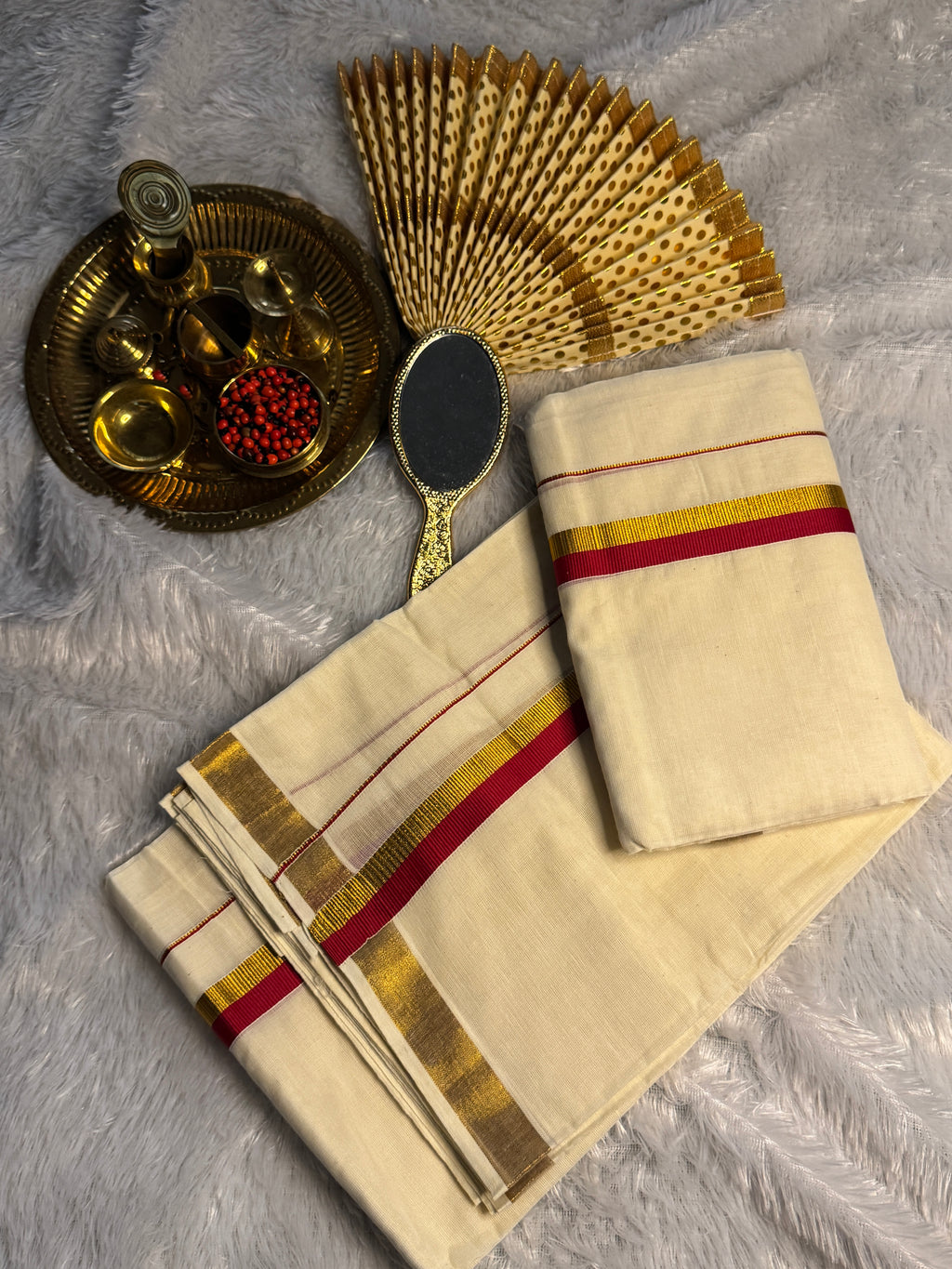 Pure Cotton Kerala Set Mundu with Gold Zari & Contrast Border