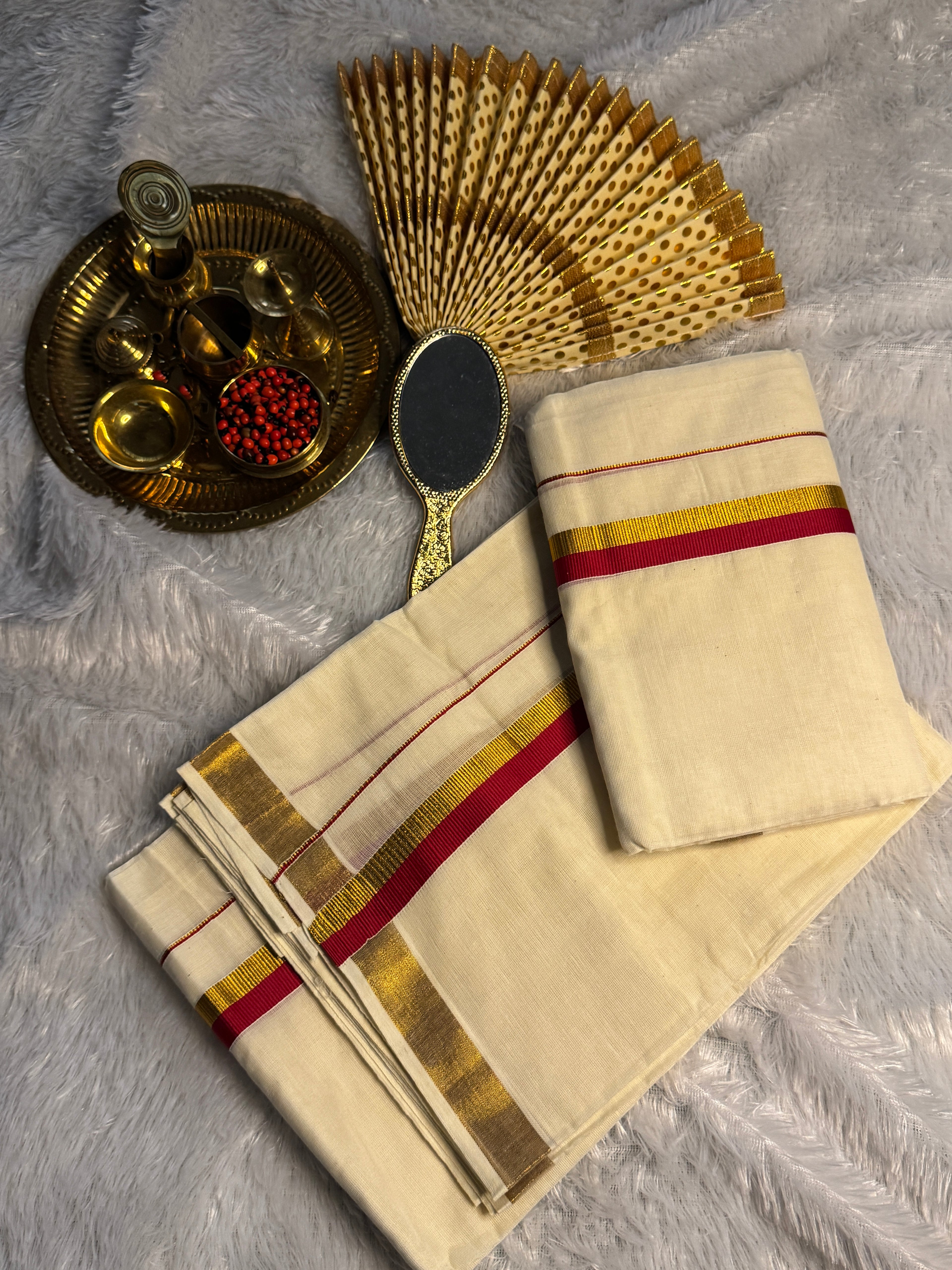 Pure Cotton Kerala Set Mundu with Gold Zari & Contrast Border