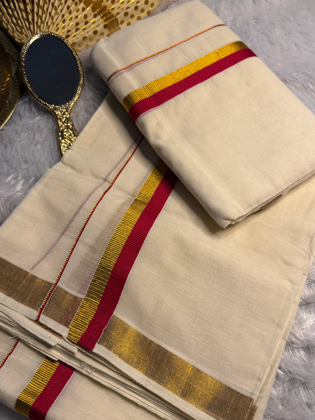 Pure Cotton Kerala Set Mundu with Gold Zari & Contrast Border