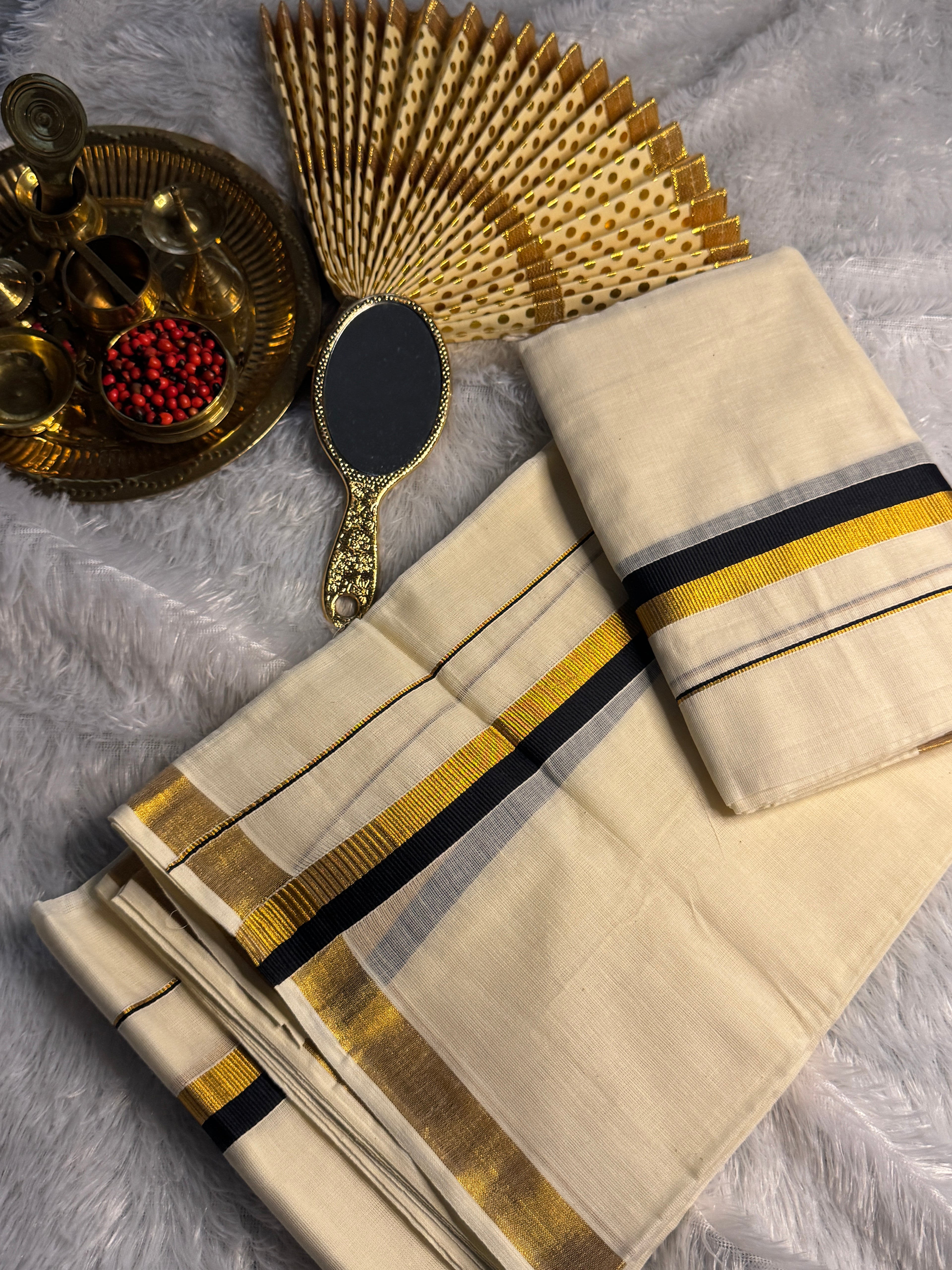 Pure Cotton Kerala Set Mundu with Gold Zari & Contrast Border