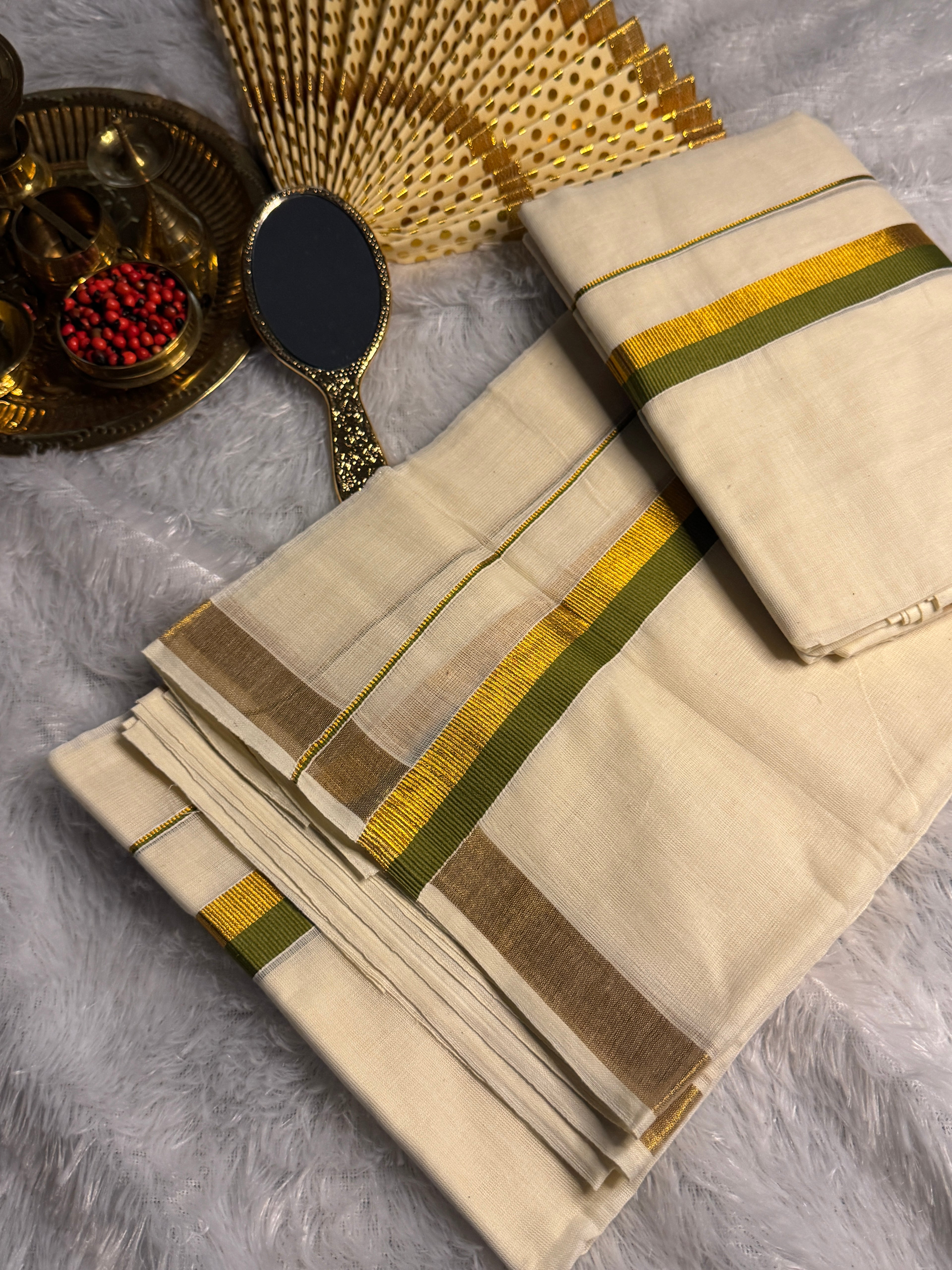 Pure Cotton Kerala Set Mundu with Gold Zari & Contrast Border
