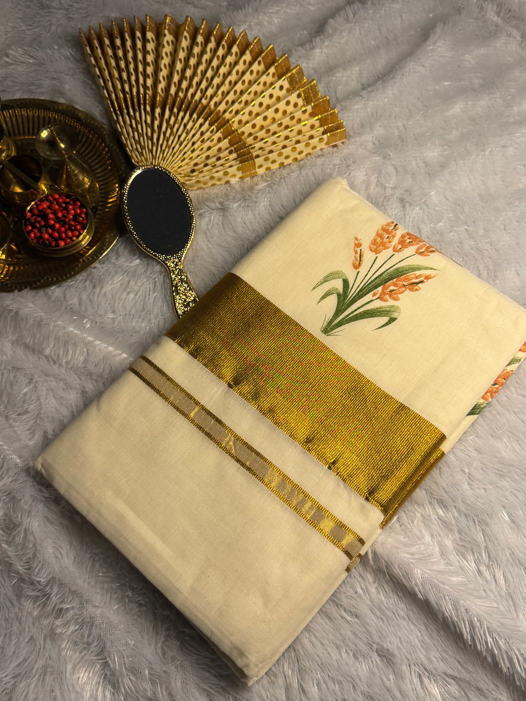 Pure Cotton Kerala Kasavu Saree with Golden Zari & Paddy Sheaf Prints
