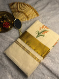 Pure Cotton Kerala Kasavu Saree with Golden Zari & Paddy Sheaf Prints