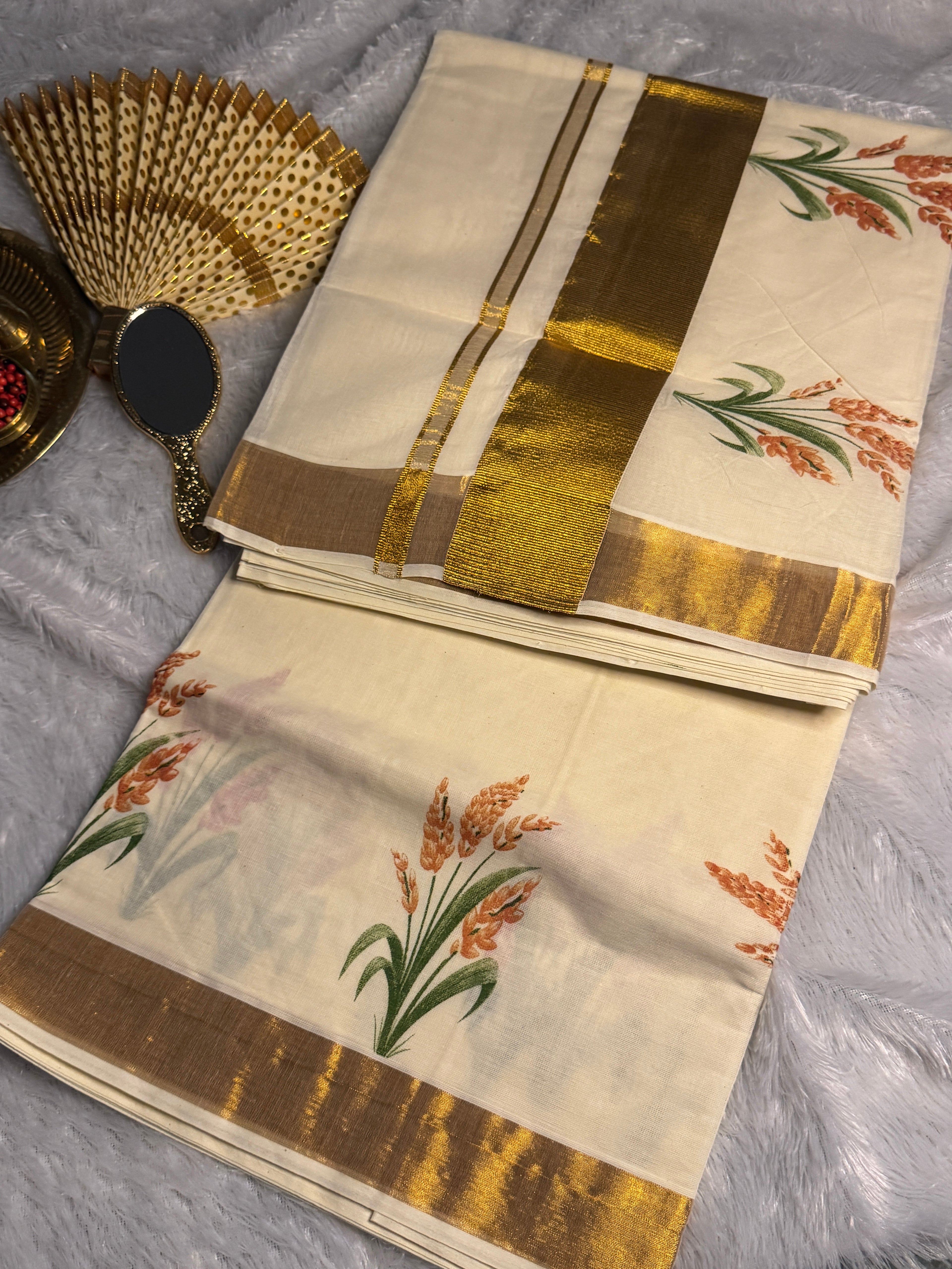 Pure Cotton Kerala Kasavu Saree with Golden Zari & Paddy Sheaf Prints