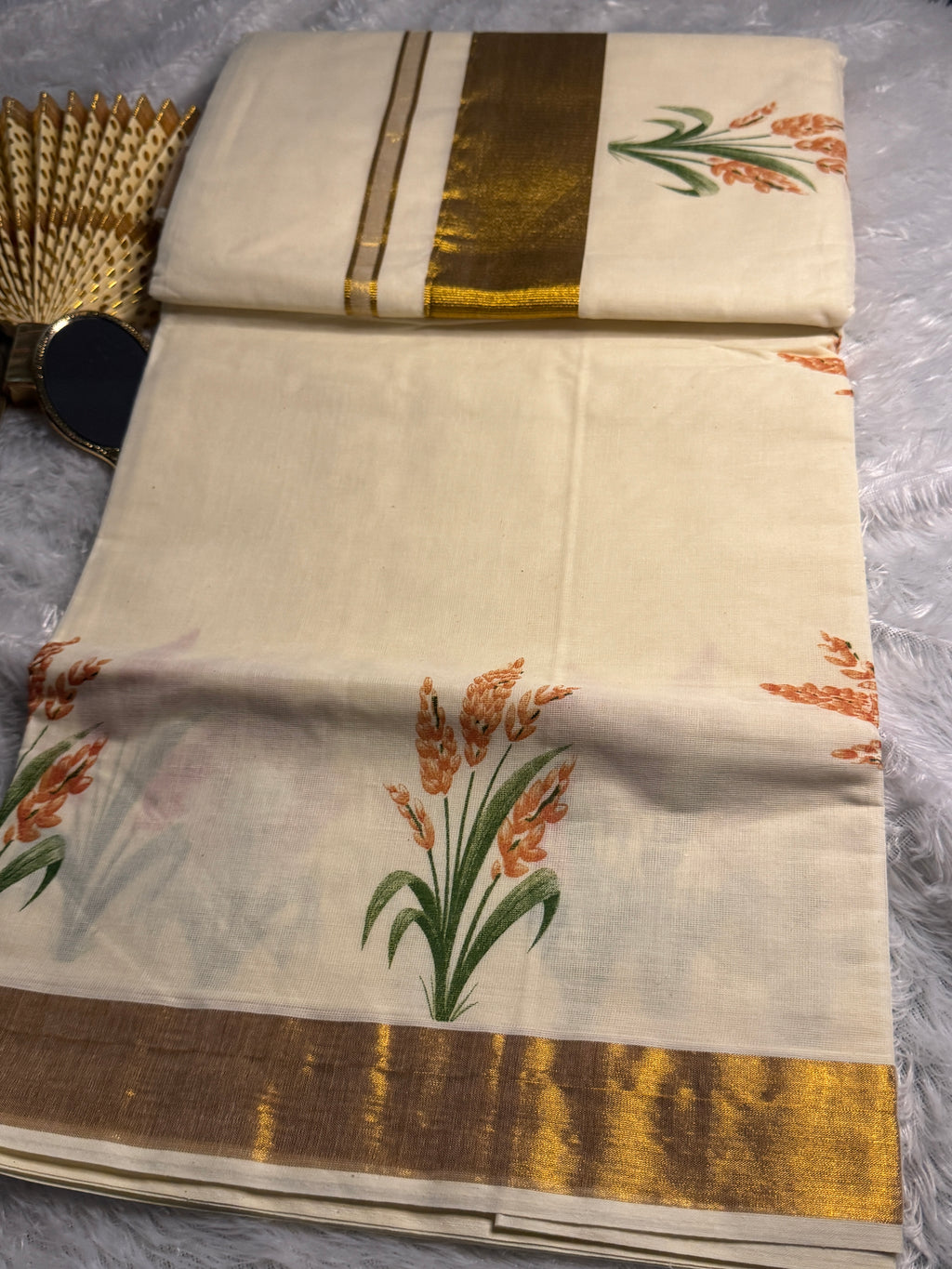 Pure Cotton Kerala Kasavu Saree with Golden Zari & Paddy Sheaf Prints