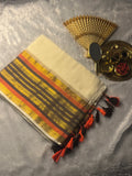Ultra-Soft Mul Cotton Kerala Saree with Tangerine, Charcoal & Gold Zari Stripes