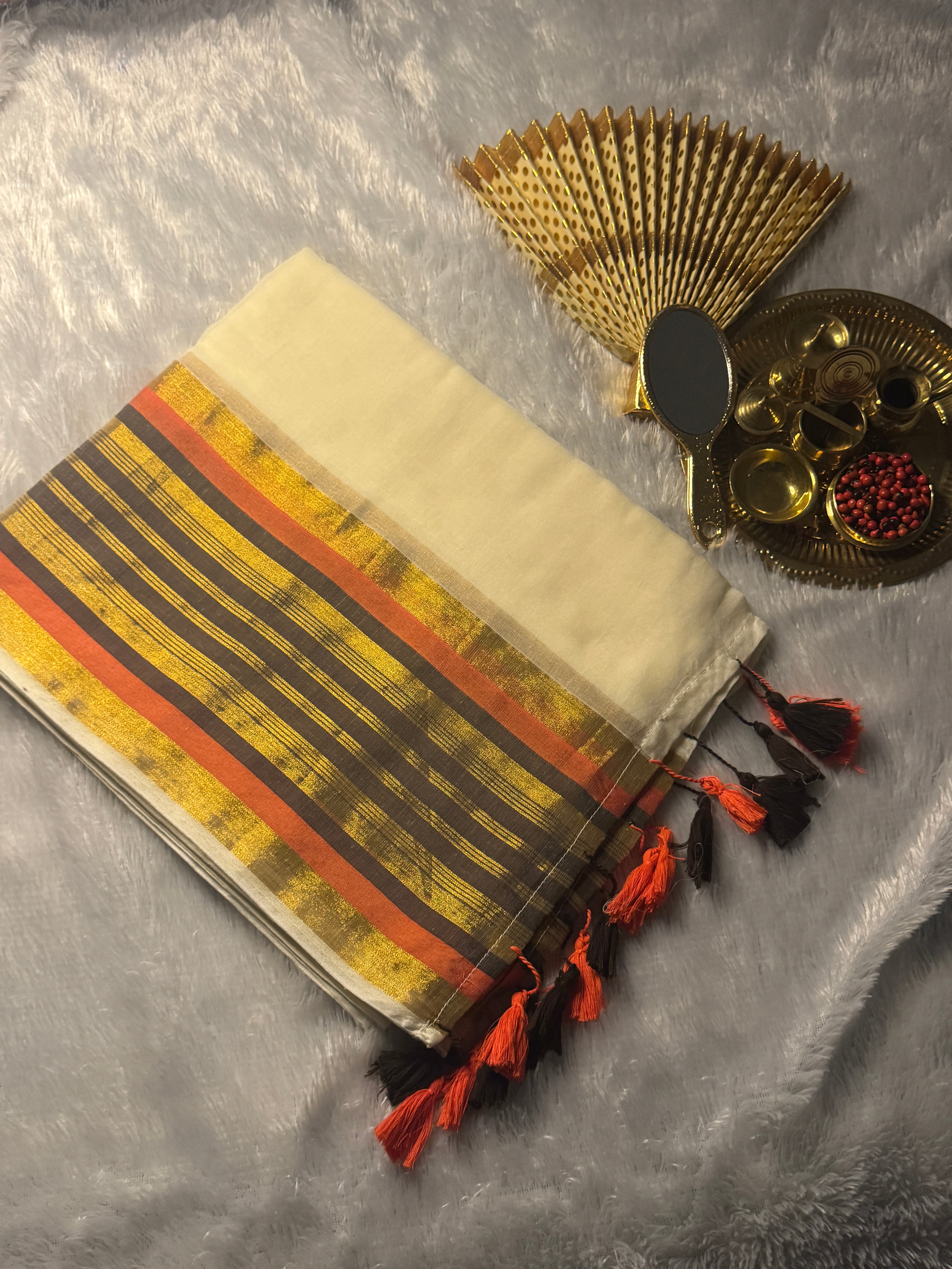 Ultra-Soft Mul Cotton Kerala Saree with Tangerine, Charcoal & Gold Zari Stripes