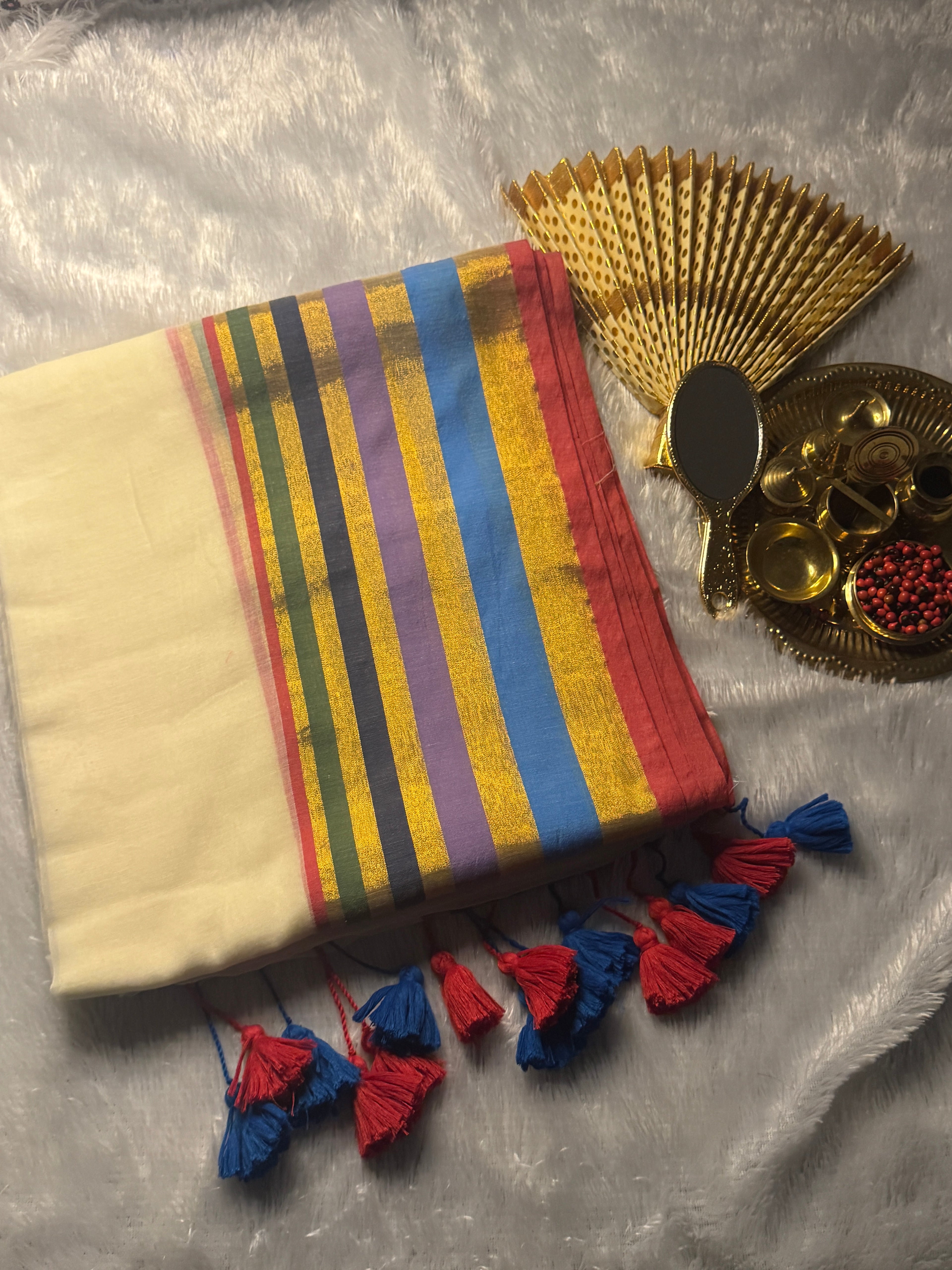 The Prism Kasavu: Ultra-Soft Mul Cotton Kerala Saree with Vibrant Multicolor & Gold Zari Stripes