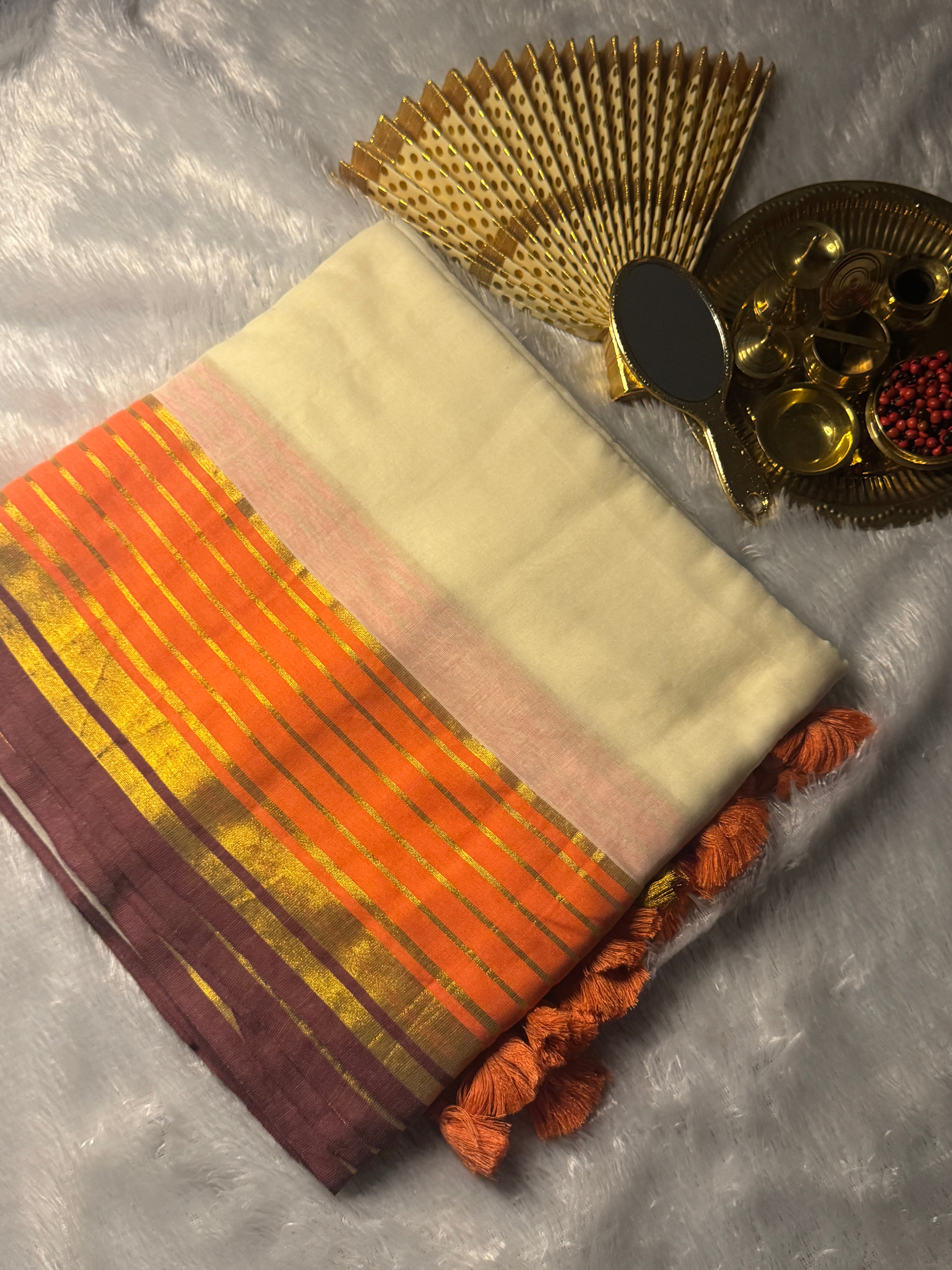 Ultra-Soft Mul Cotton Kerala Saree with Tangerine & Wine Gold Borders