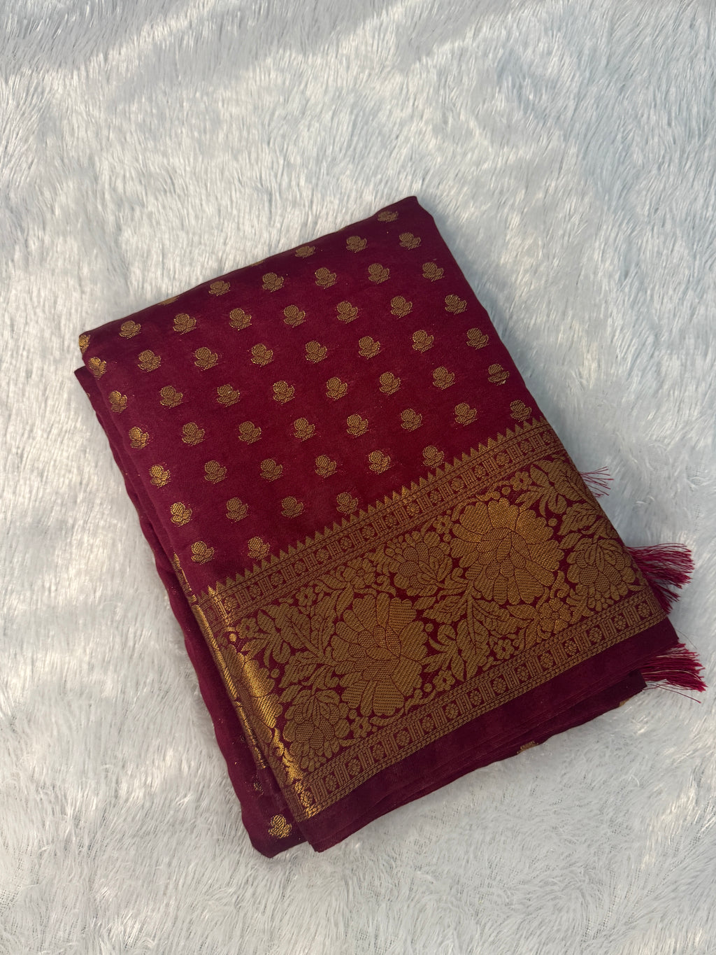 Deep Maroon Semi Banarasi Silk Saree with Antique Gold Zari Brocade & Tassels